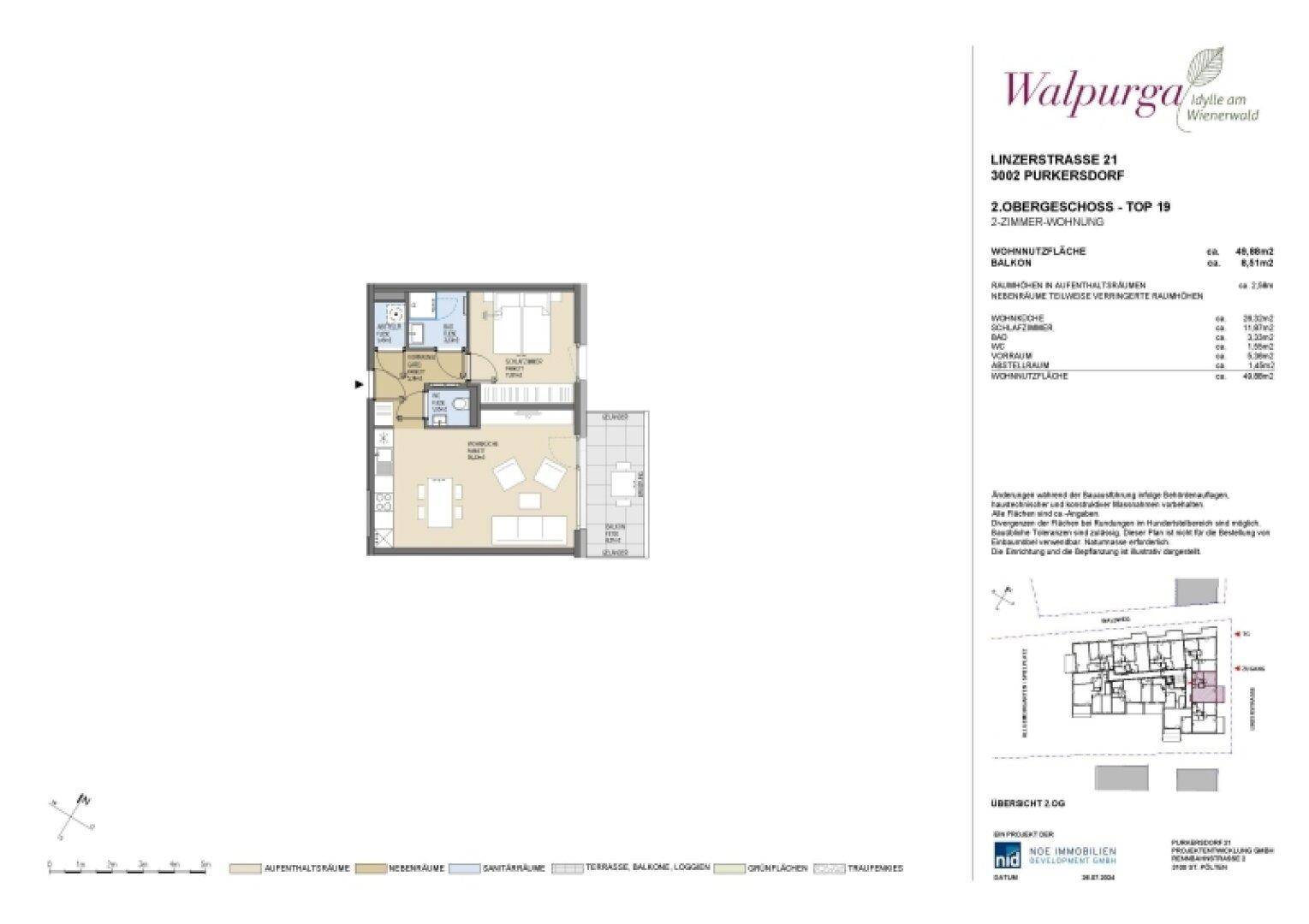 Detaillierter Grundriss einer 2-Zimmer-Wohnung mit Balkon im zweiten Obergeschoss.