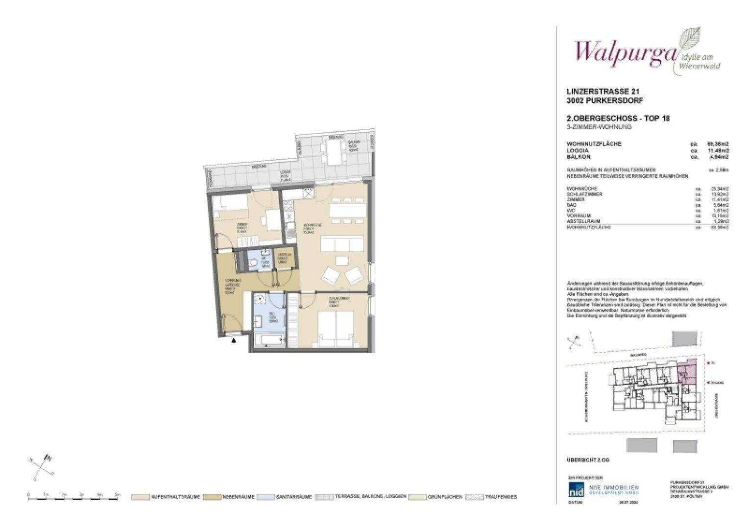 Grundriss der Wohnung Top 18 im zweiten Obergeschoss mit Loggia und Balkon.