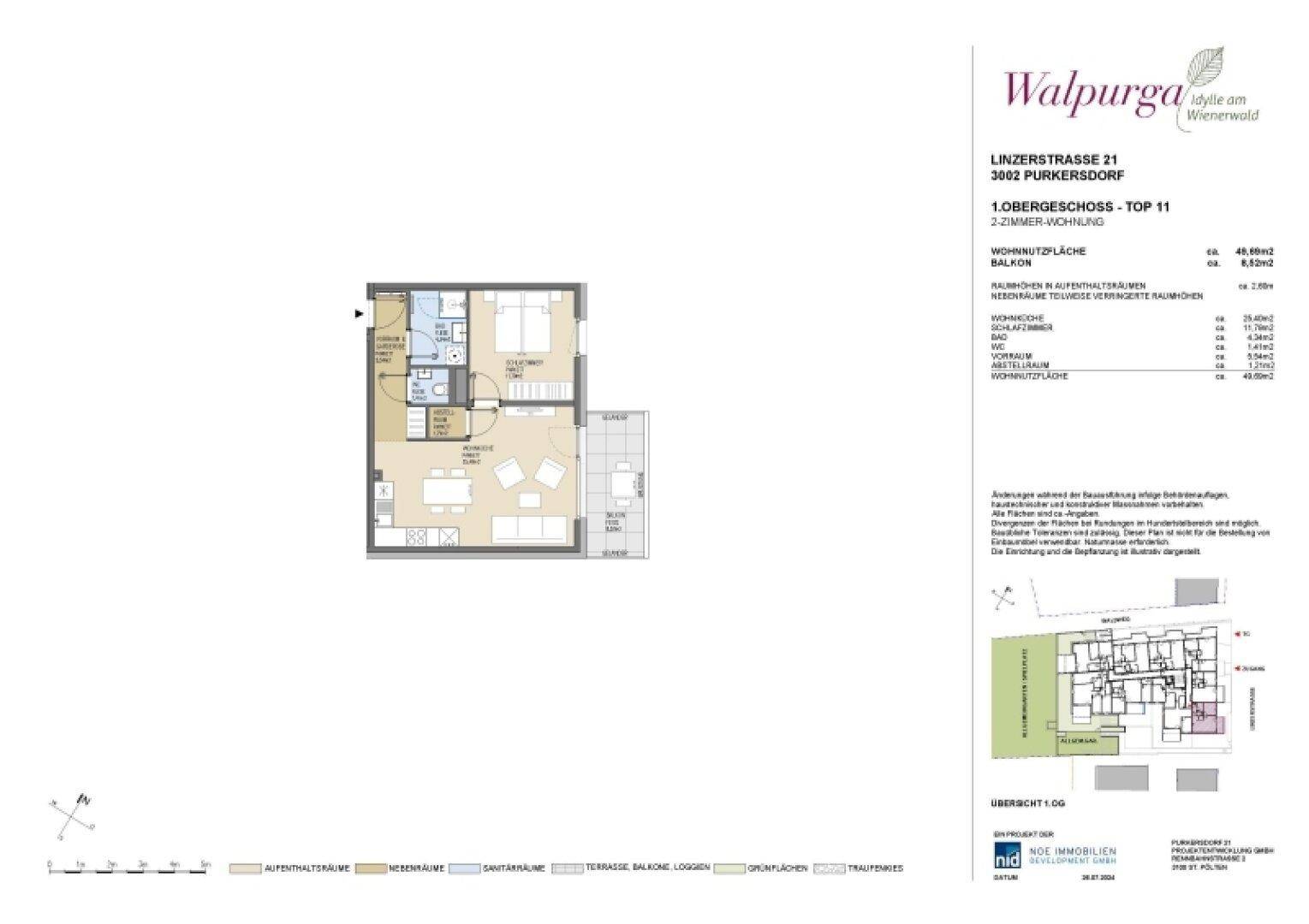 Detaillierter Grundriss einer 2-Zimmer-Wohnung mit Balkon und Flächenangaben.
