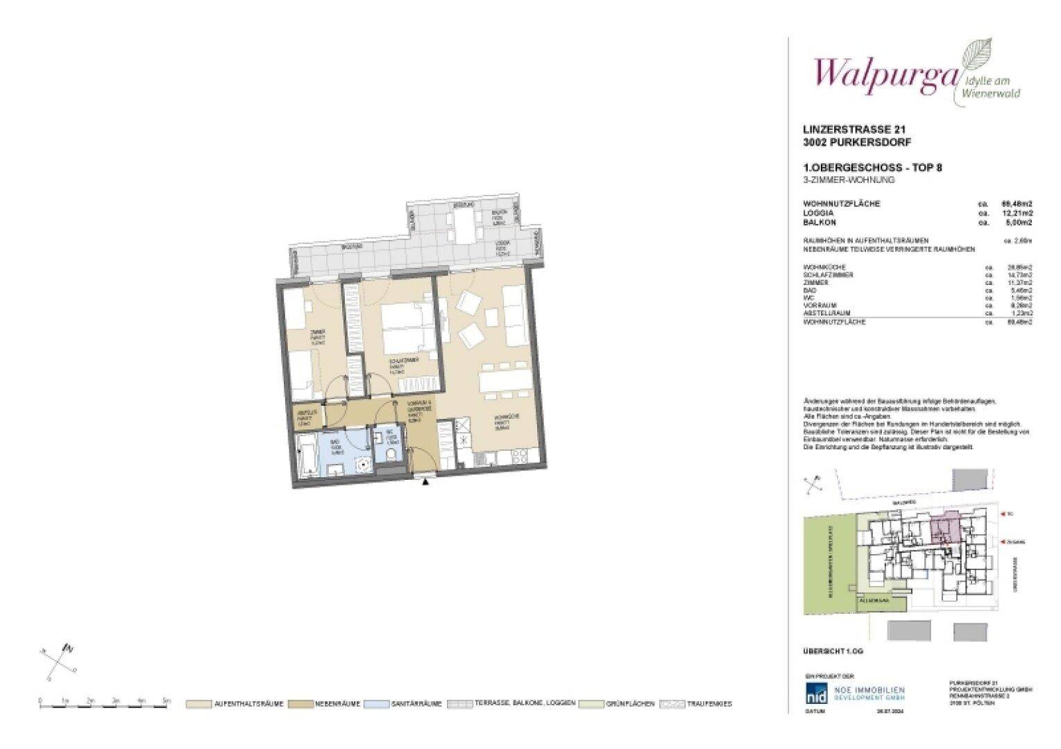Detaillierter Grundriss der Wohnung Top 8 im ersten Obergeschoss mit Loggia und Balkon.