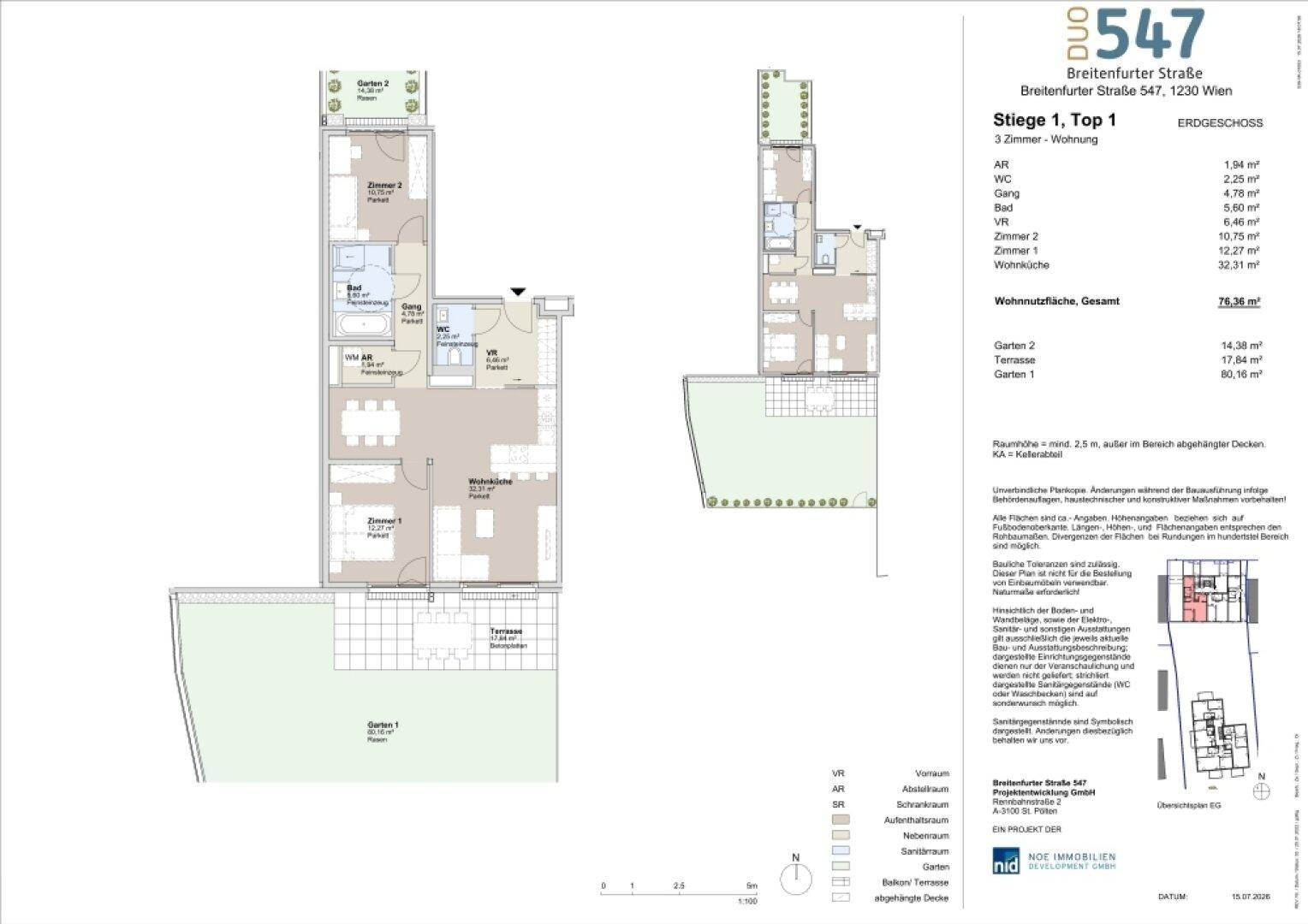 Detaillierter Grundriss einer 3-Zimmer-Wohnung mit Terrasse und Gartenanteil.