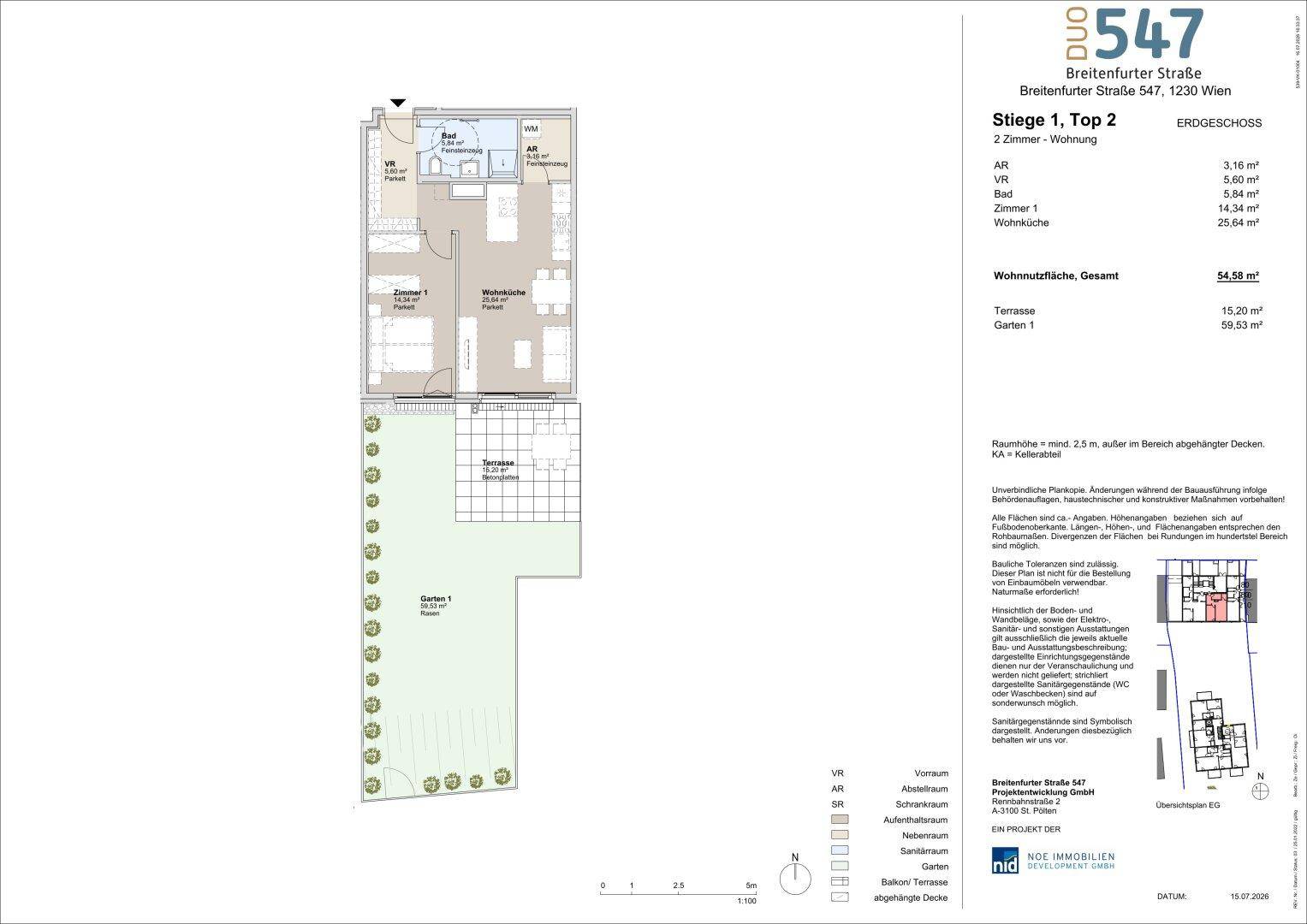 Grundriss einer 2-Zimmer-Wohnung mit Terrasse und Garten im Erdgeschoss, inklusive Bad und WC.