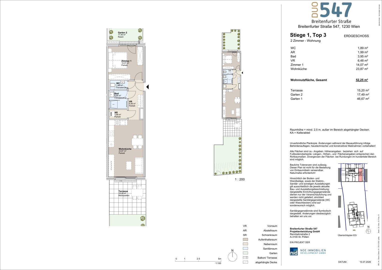 Grundriss einer 2-Zimmer-Wohnung mit Wohnküche, Schlafzimmer, Bad und zwei Terrassen.