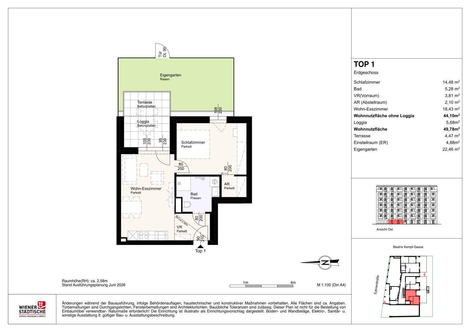 Grundriss der Erdgeschosswohnung TOP 1 mit Wohn-Esszimmer, Schlafzimmer, Bad, Loggia, Terrasse und Eigengarten.