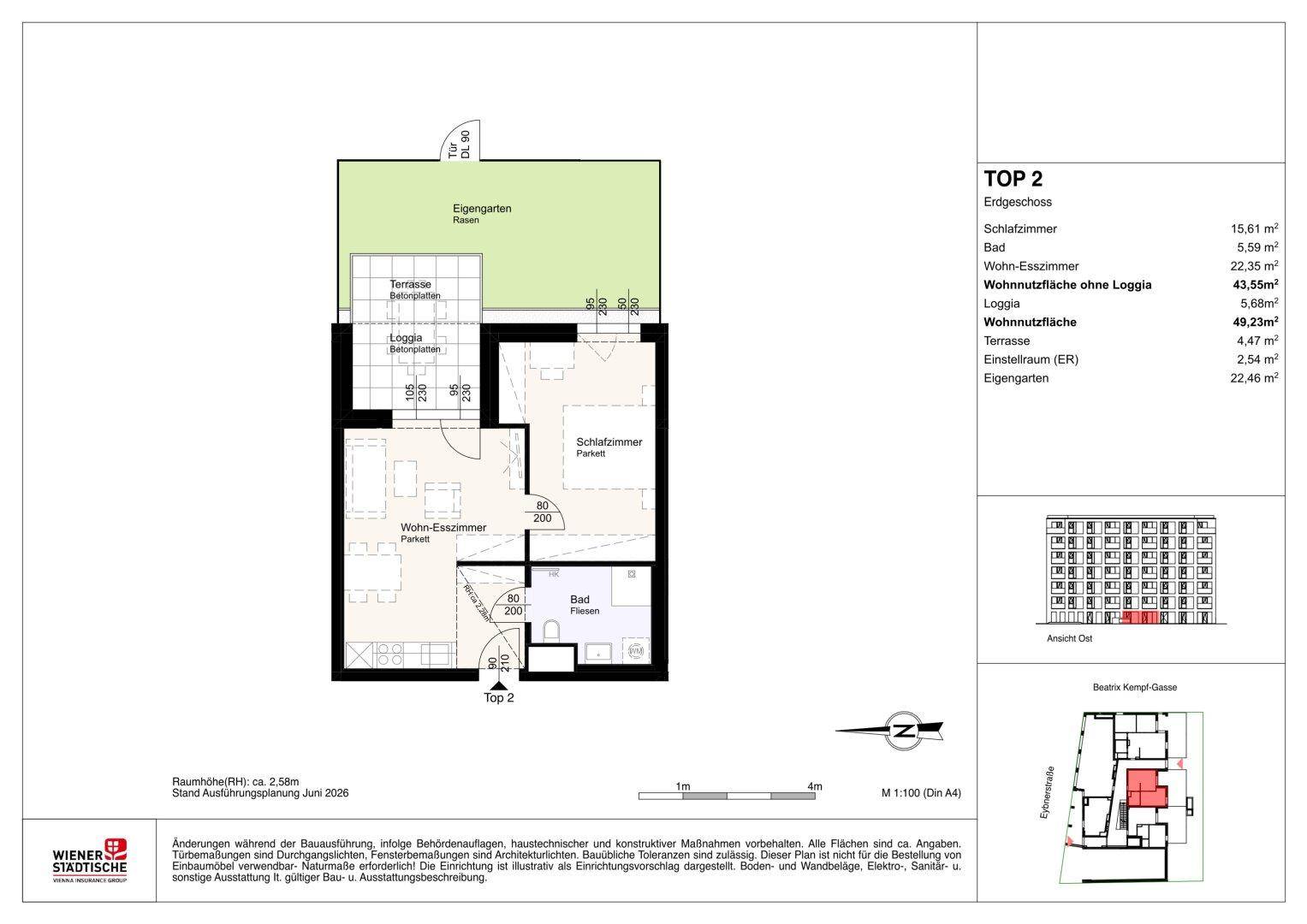 Grundriss der Wohnung TOP 2 mit offenem Wohn-Esszimmer, Schlafzimmer, Bad, Loggia, Terrasse und Eigengarten.