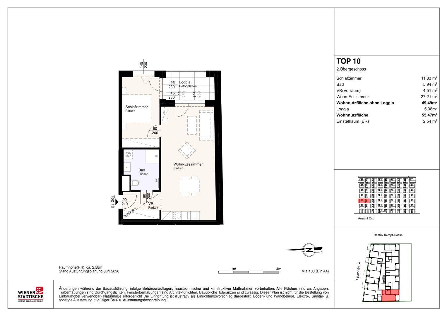 Grundriss der Wohnung TOP 10 mit Schlafzimmer, Wohn-Esszimmer, Bad, separatem WC und Loggia.
