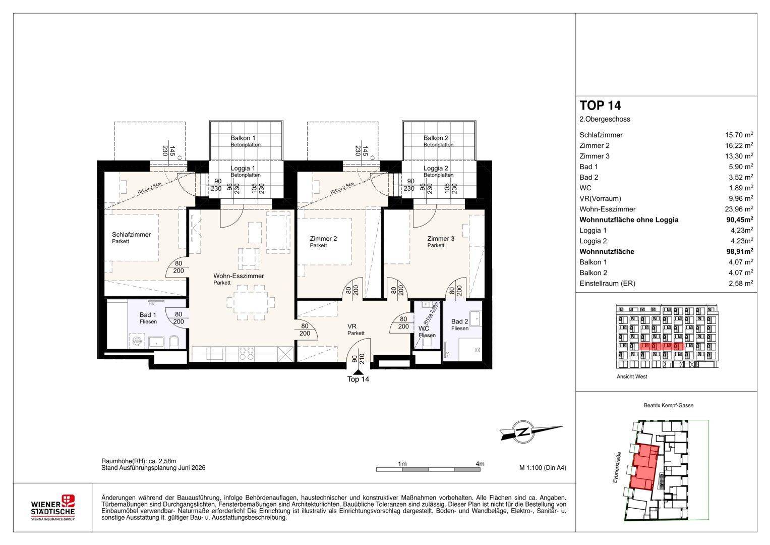 Grundriss der Wohnung TOP 14 mit drei Schlafzimmern, offenem Wohn-Essbereich und zwei Loggien.