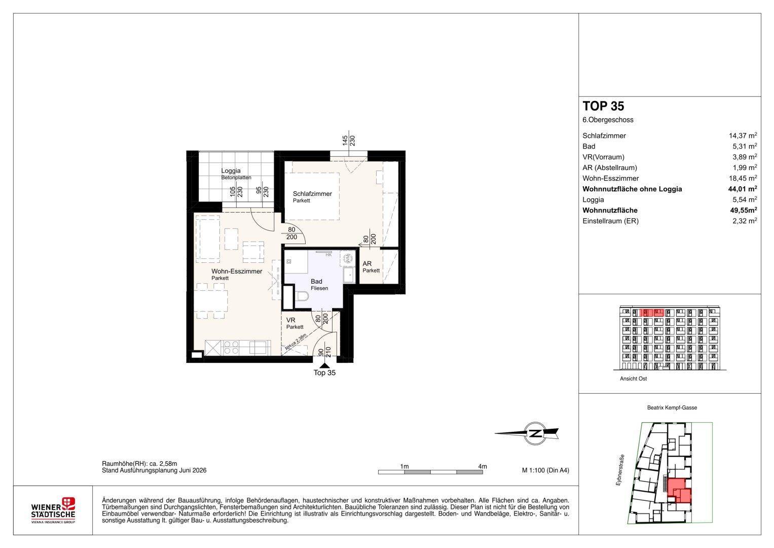 Grundriss einer Wohnung im 6. Obergeschoss mit Loggia und offenem Wohn-Essbereich.