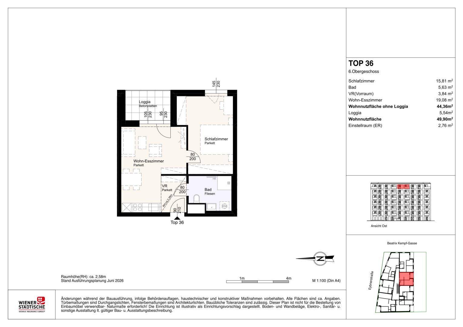 Grundriss der Wohnung TOP 36 im 6. Obergeschoss mit offenem Wohn-Essbereich, Loggia und zwei Bädern.