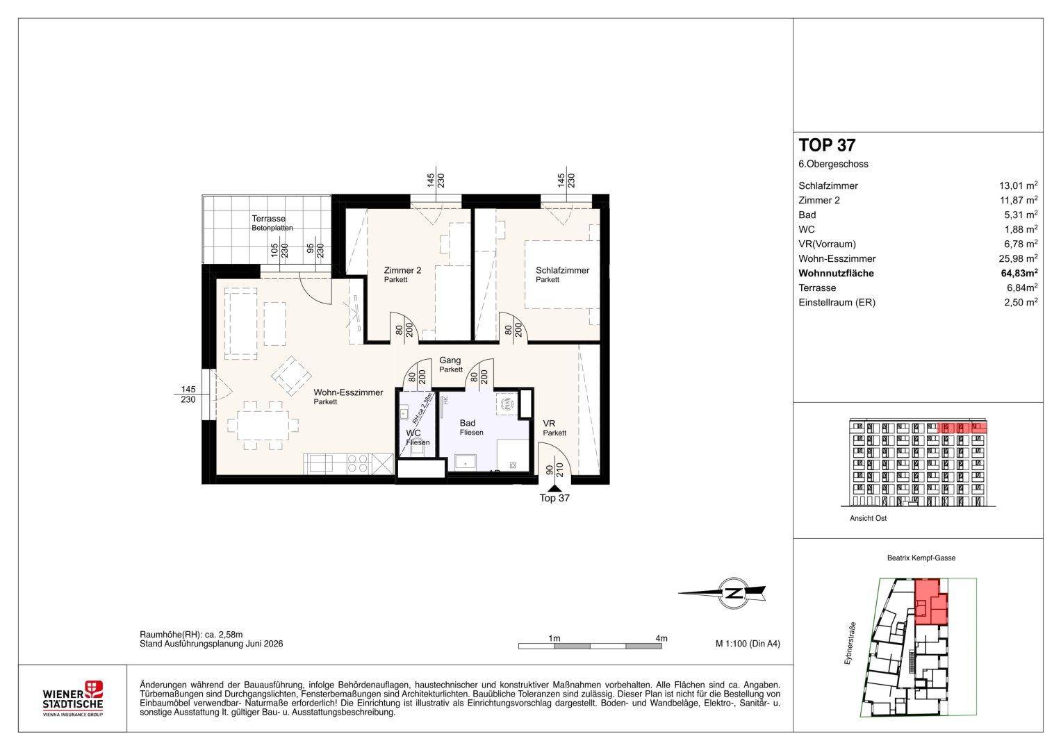 Grundriss der Wohnung TOP 37 im 6. Obergeschoss mit offenem Wohn-Essbereich und Terrasse.