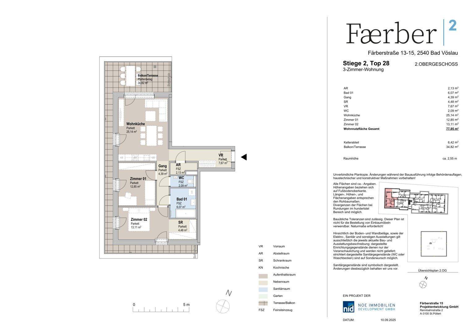 Grundriss einer 3-Zimmer-Wohnung im 2. Obergeschoss mit Balkon und Terrasse.