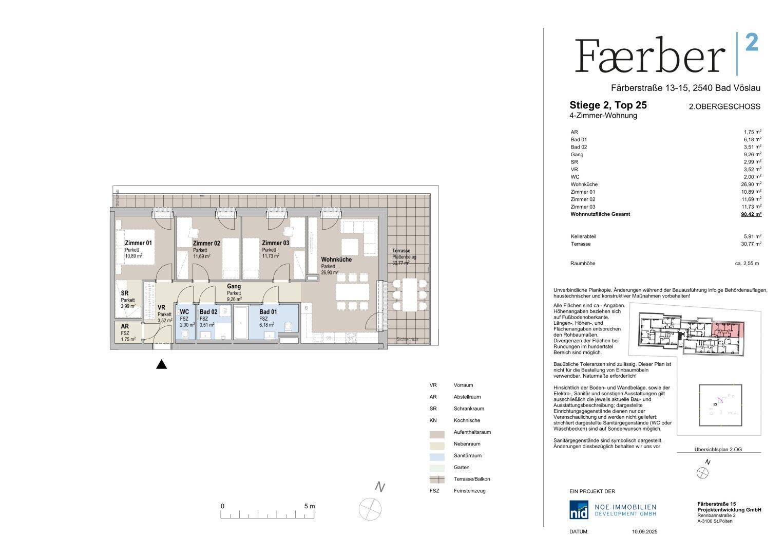 Grundriss einer 4-Zimmer-Wohnung mit offener Wohnküche, zwei Bädern, separatem WC und großer Terrasse.