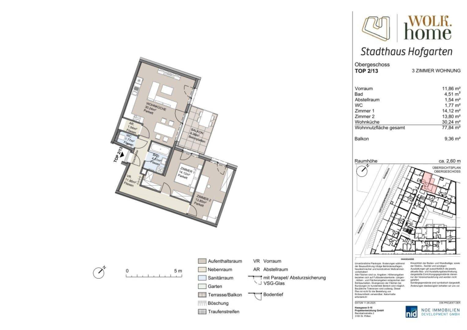 Detaillierter Grundriss einer modernen 3-Zimmer-Wohnung mit offenem Wohnbereich, Balkon und separatem WC.