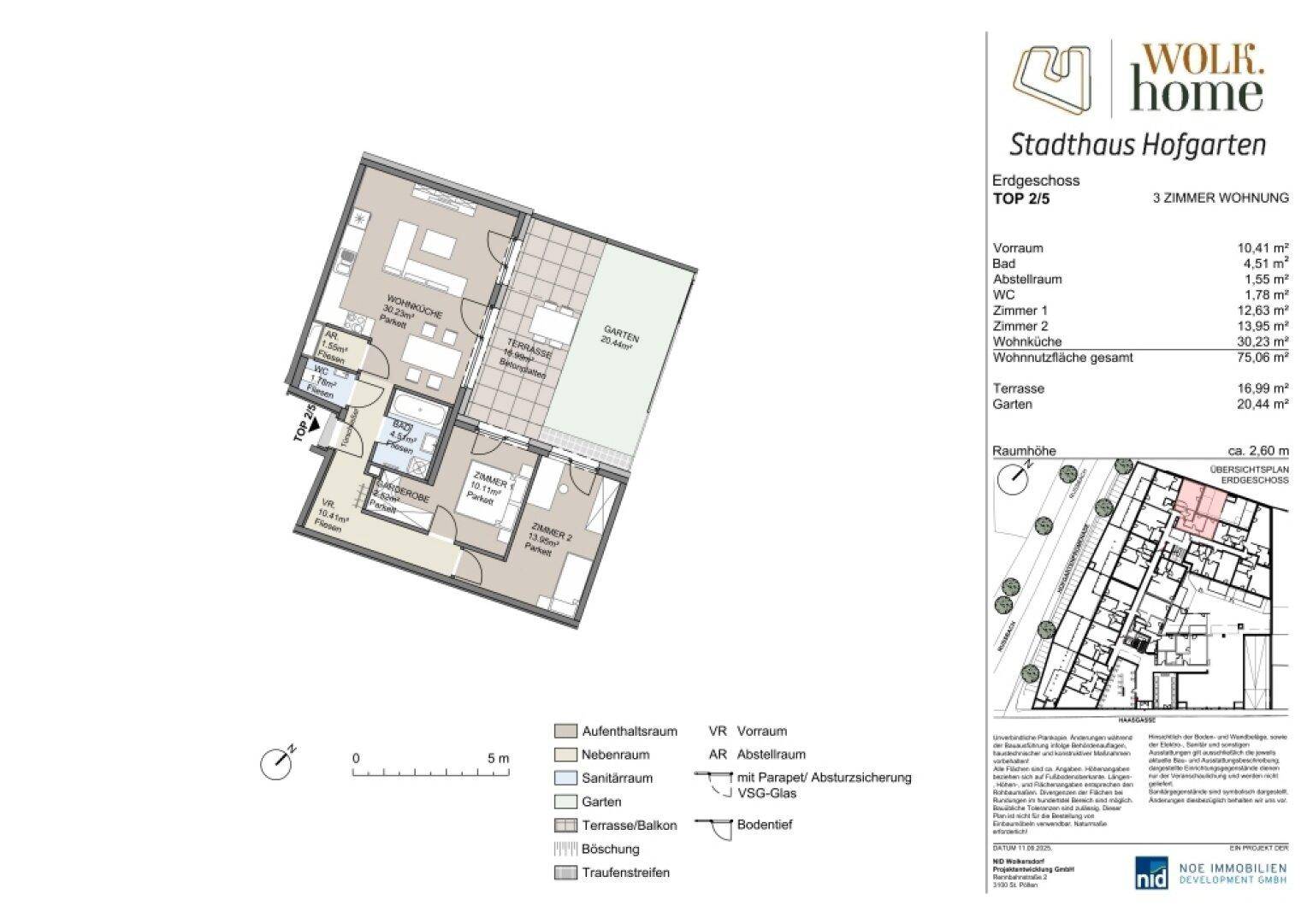 Grundriss einer 3-Zimmer-Wohnung im Erdgeschoss mit offener Wohnküche, Terrasse und privatem Garten.