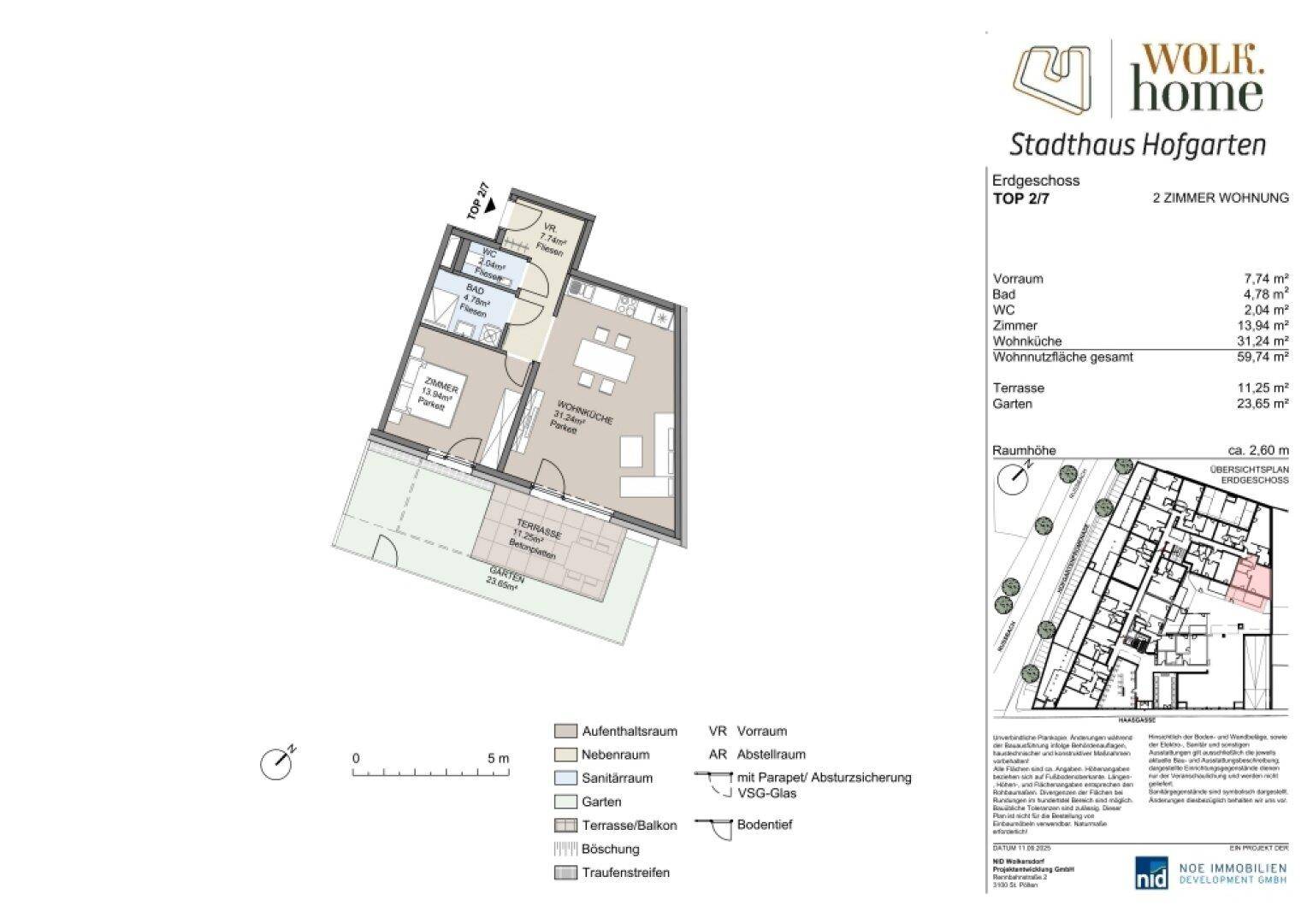 Grundriss einer 2-Zimmer-Wohnung im Erdgeschoss mit offener Wohnküche, Schlafzimmer, Bad, separatem WC, Terrasse und Garten.