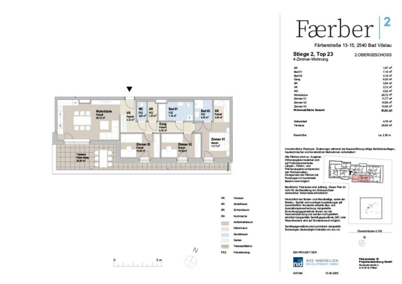 Detaillierter Grundriss einer 4-Zimmer-Wohnung im 2. Obergeschoss mit Terrasse.