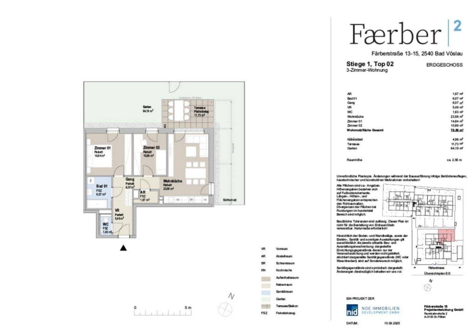 Grundriss einer 3-Zimmer-Wohnung im Erdgeschoss mit offener Wohnküche, Terrasse und Gartenanteil.