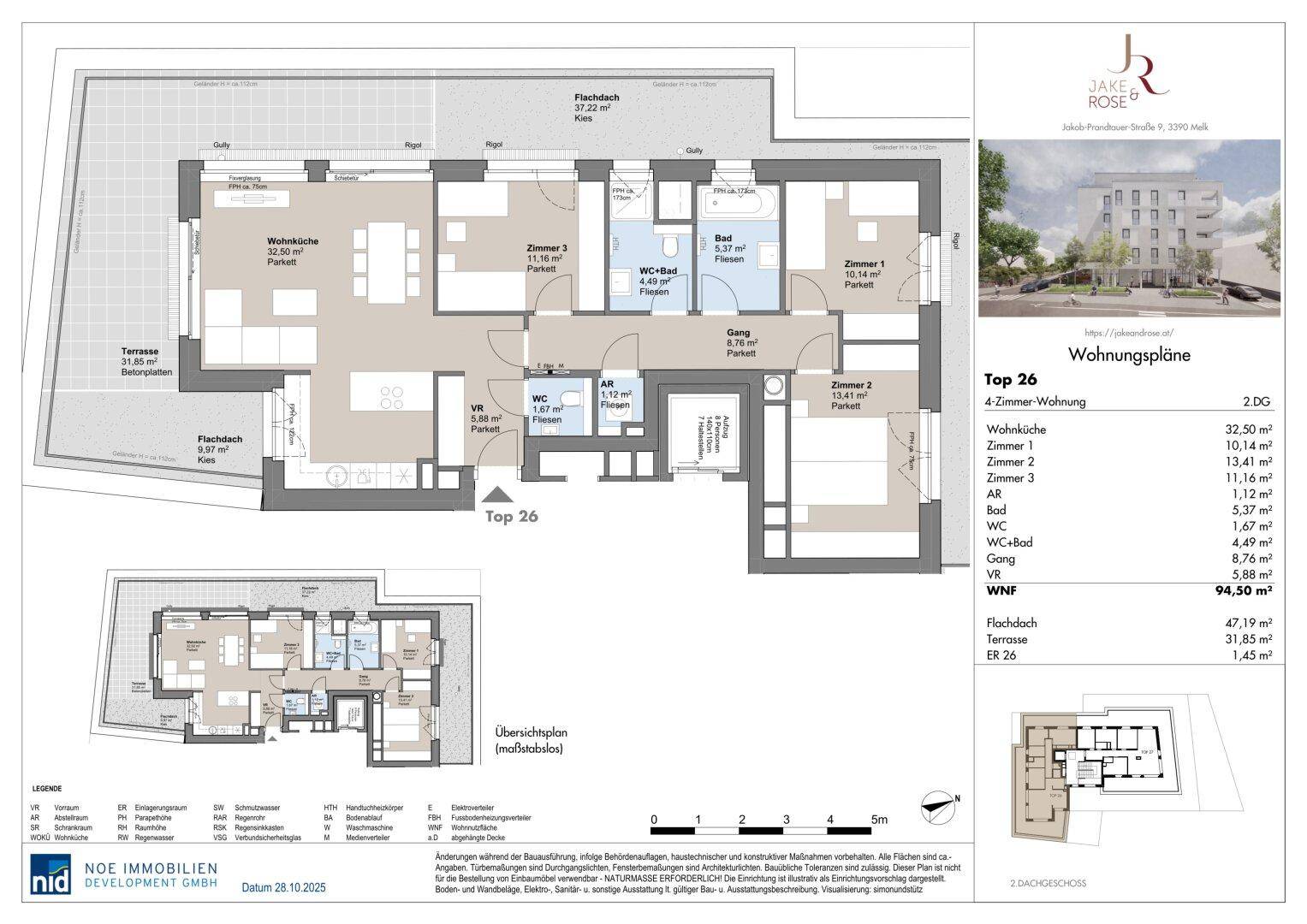 Detaillierter Grundriss einer modernen 4-Zimmer-Wohnung mit offener Wohnküche, zwei Bädern und großer Terrasse.