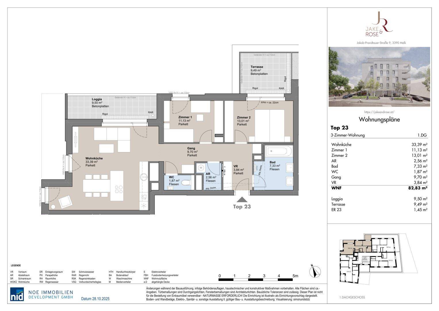 Grundriss einer 3-Zimmer-Wohnung mit offener Wohnküche, zwei Schlafzimmern, Bad, separatem WC, Loggia und Terrasse.
