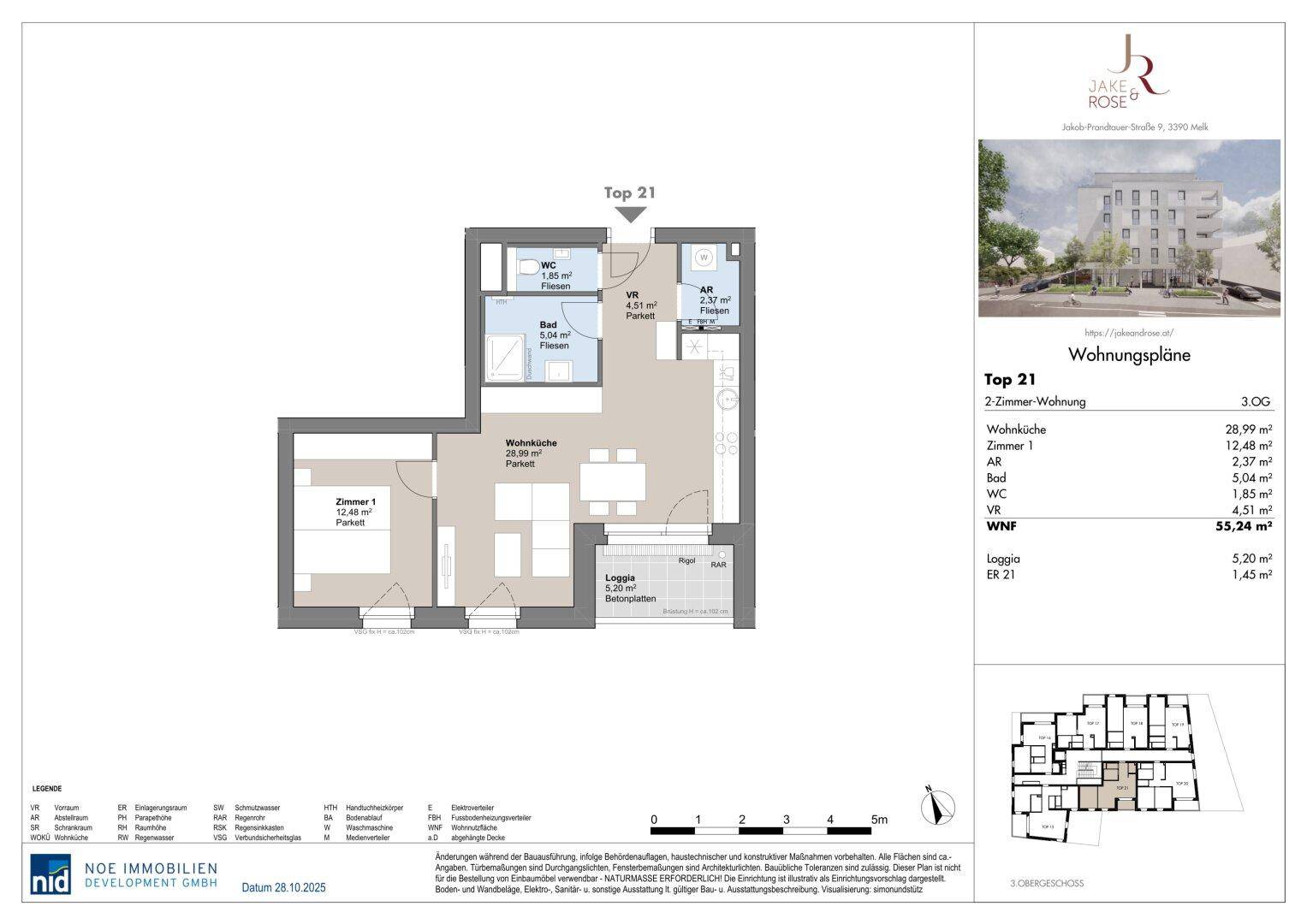 Grundriss der 2-Zimmer-Wohnung Top 21 mit offener Wohnküche, Loggia und separatem WC.