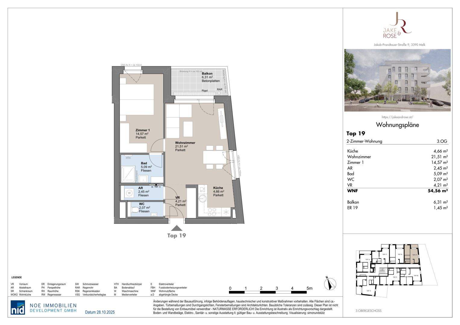 Grundriss einer 2-Zimmer-Wohnung mit separatem WC, Abstellraum und Balkon.