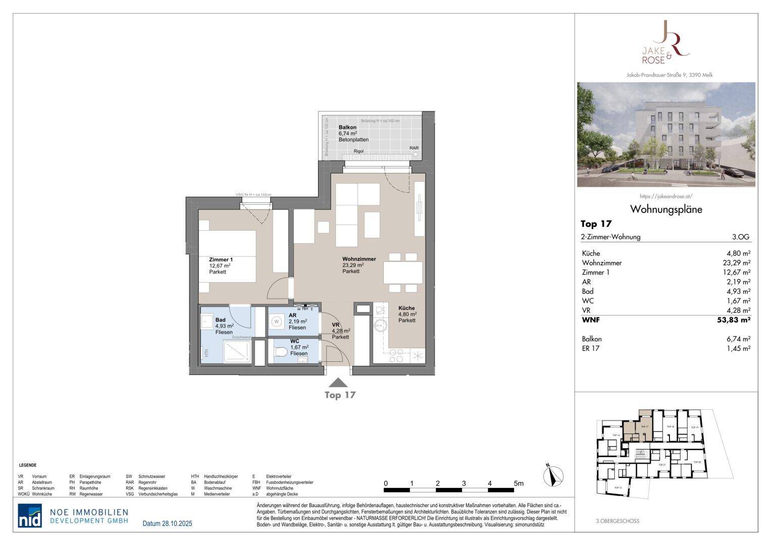 Grundriss einer 2-Zimmer-Wohnung mit Balkon, separatem WC und offenem Wohnbereich.
