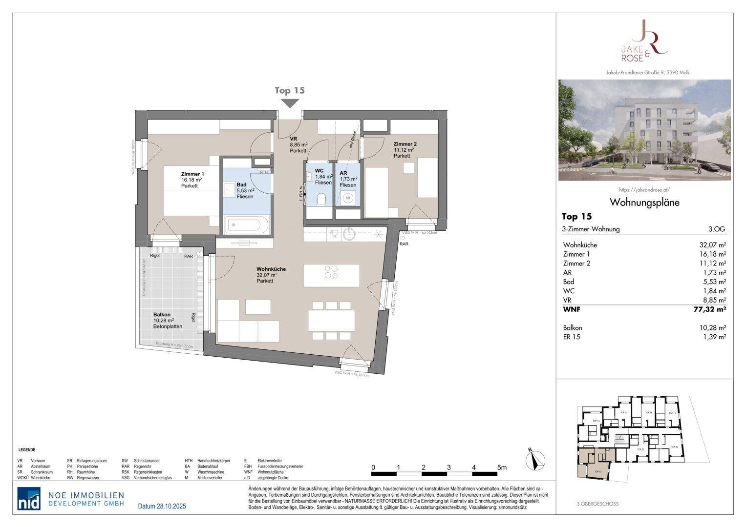 Grundriss einer modernen 3-Zimmer-Wohnung mit offenem Wohnbereich, Balkon und zwei Bädern.