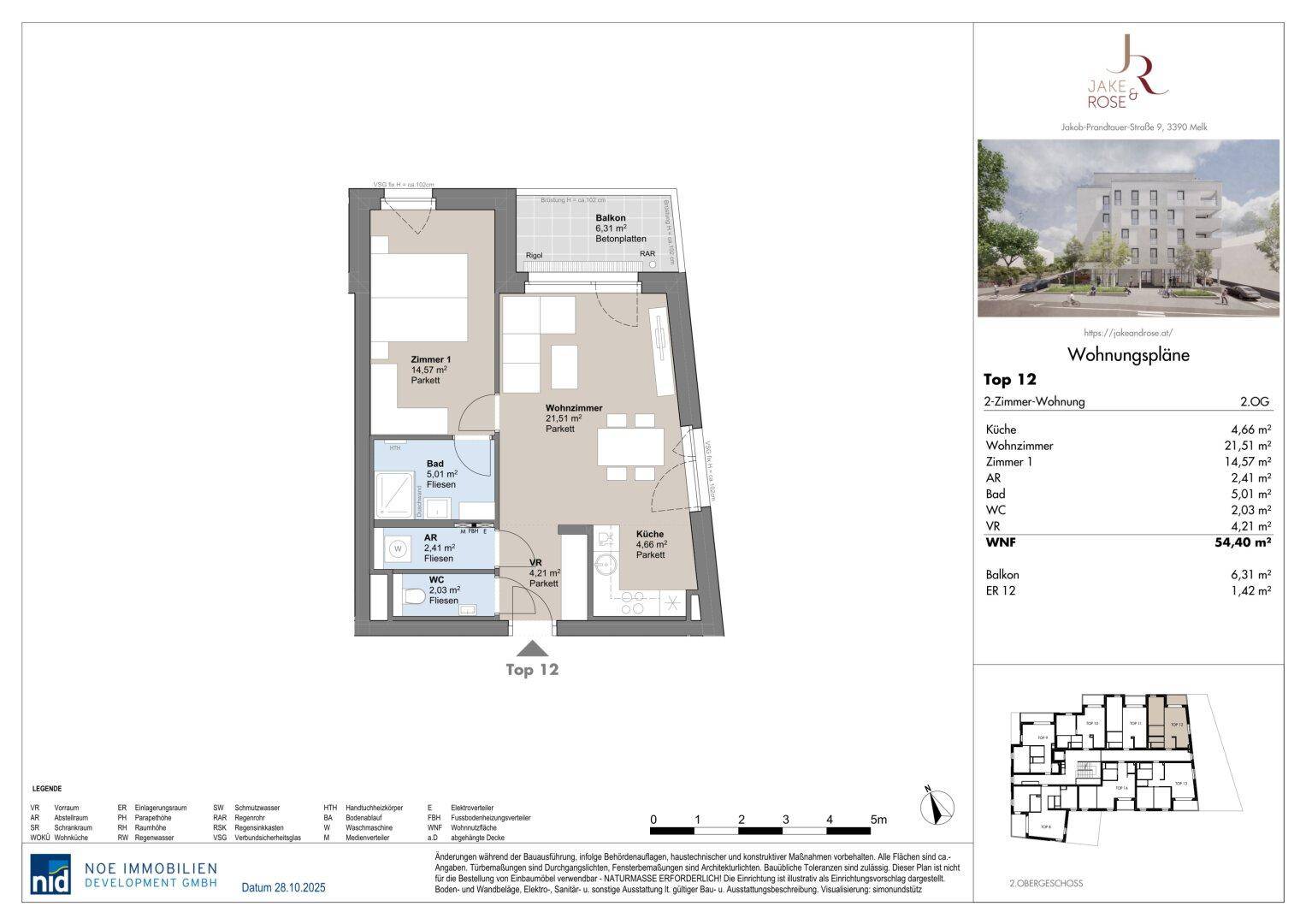 Grundriss der Wohnung Top 12 im zweiten Obergeschoss mit Balkon und offener Wohnküche.