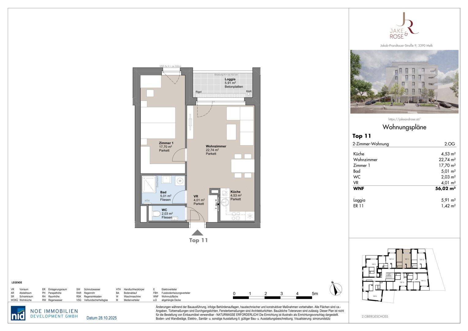 Grundriss einer modernen 2-Zimmer-Wohnung mit Loggia, separatem WC und Bad.