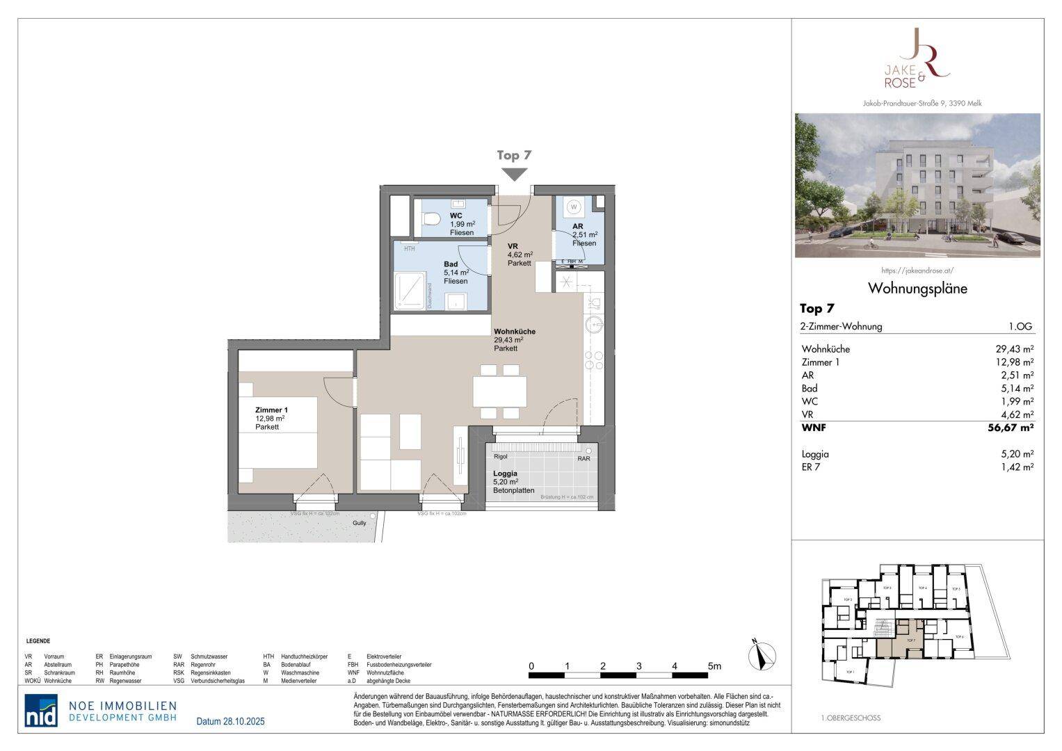 Grundriss der Wohnung Top 7 mit offener Wohnküche, Schlafzimmer und Loggia.