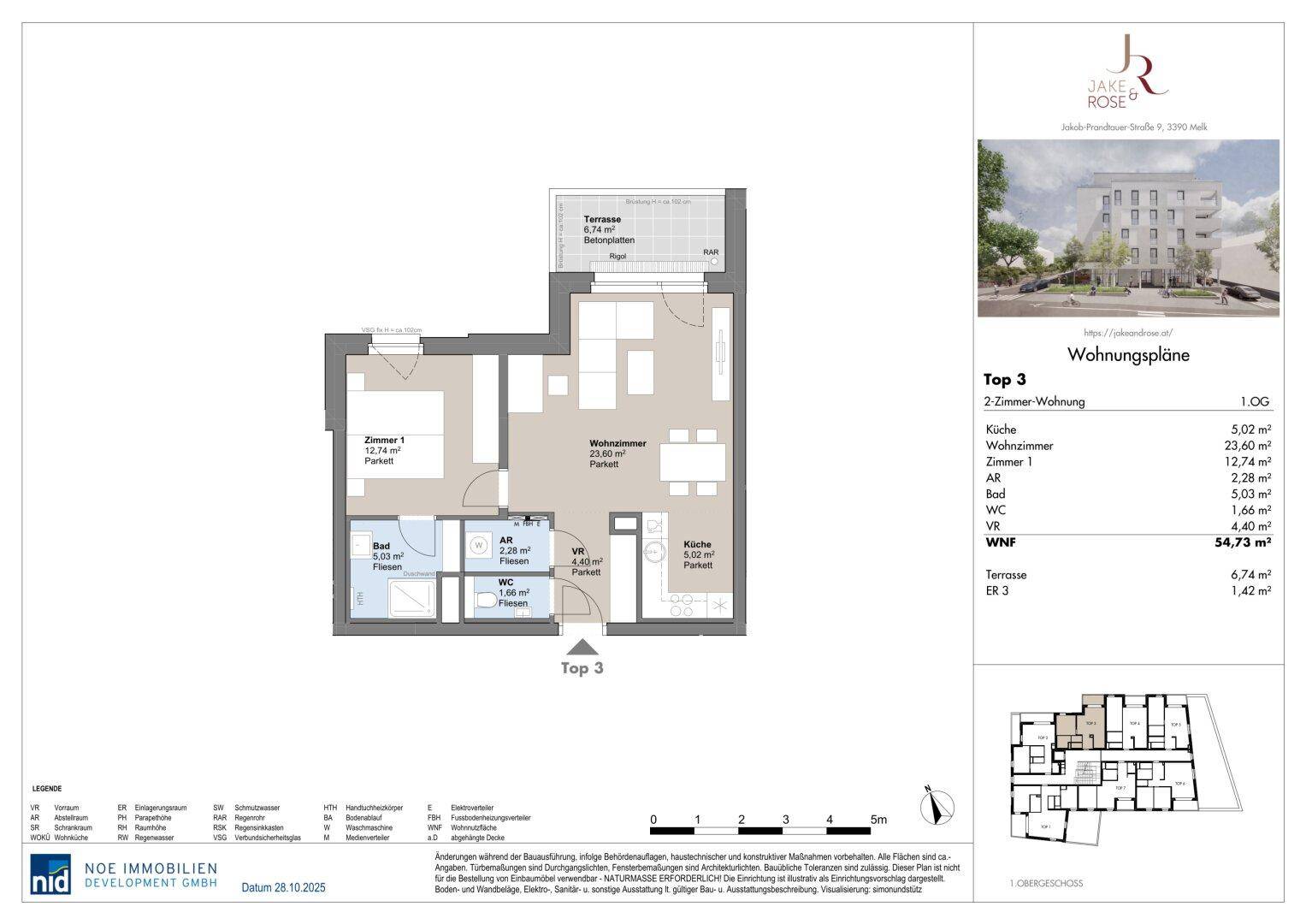Grundriss der Wohnung Top 3 mit offenem Wohnbereich, einem Schlafzimmer, Bad, separatem WC und Terrasse.