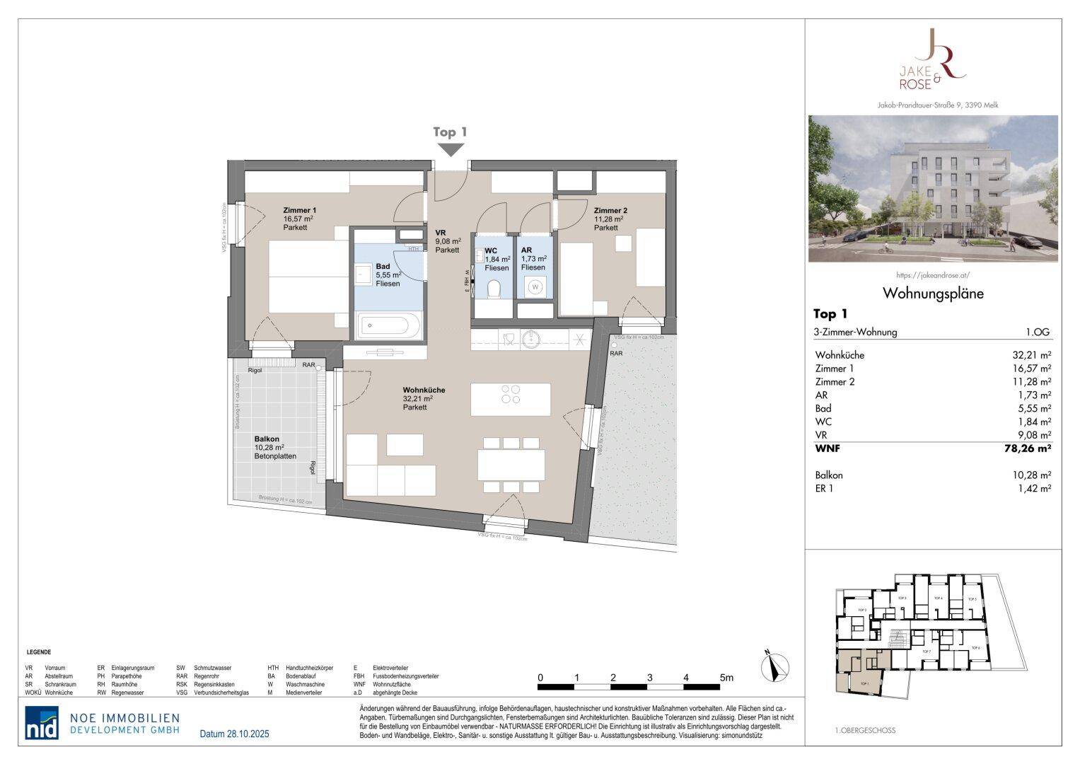 Grundriss einer 3-Zimmer-Wohnung mit offener Wohnküche, zwei Schlafzimmern und einem großzügigen Balkon.