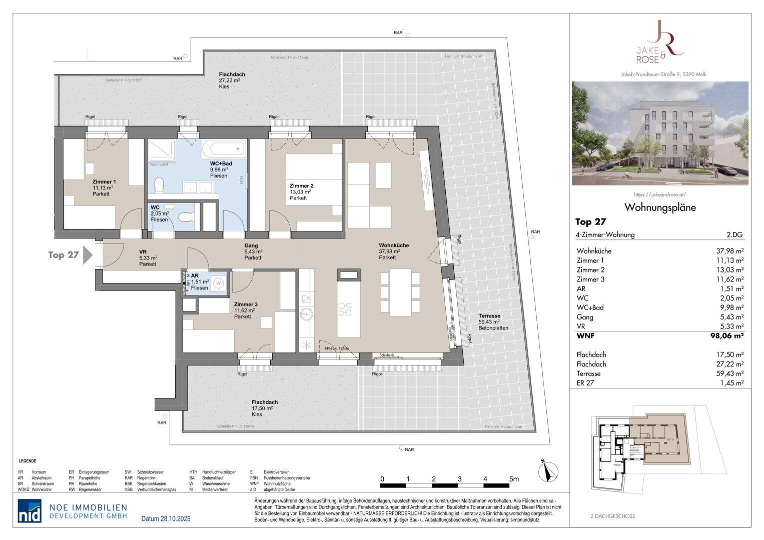Grundriss der Wohnung Top 27 mit offener Wohnküche, drei Zimmern, Bad, separatem WC und großer Terrasse.