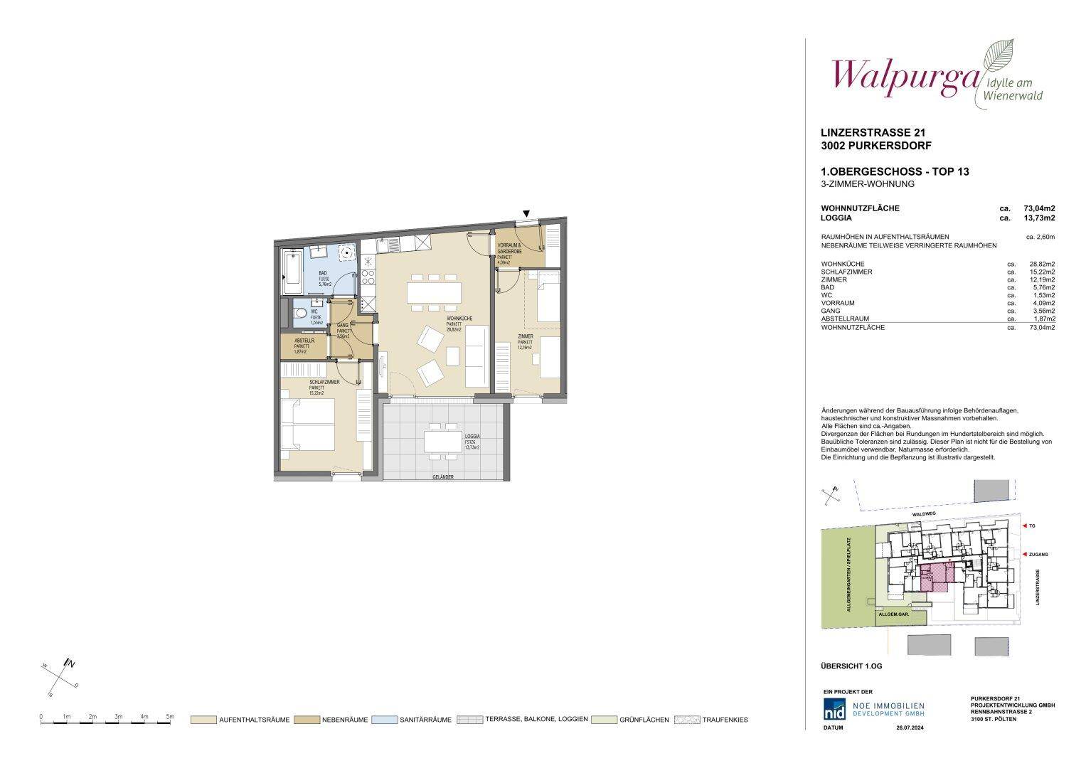 Detaillierter Grundriss einer 3-Zimmer-Wohnung (TOP 13) im ersten Obergeschoss mit Loggia und klarer Raumaufteilung.