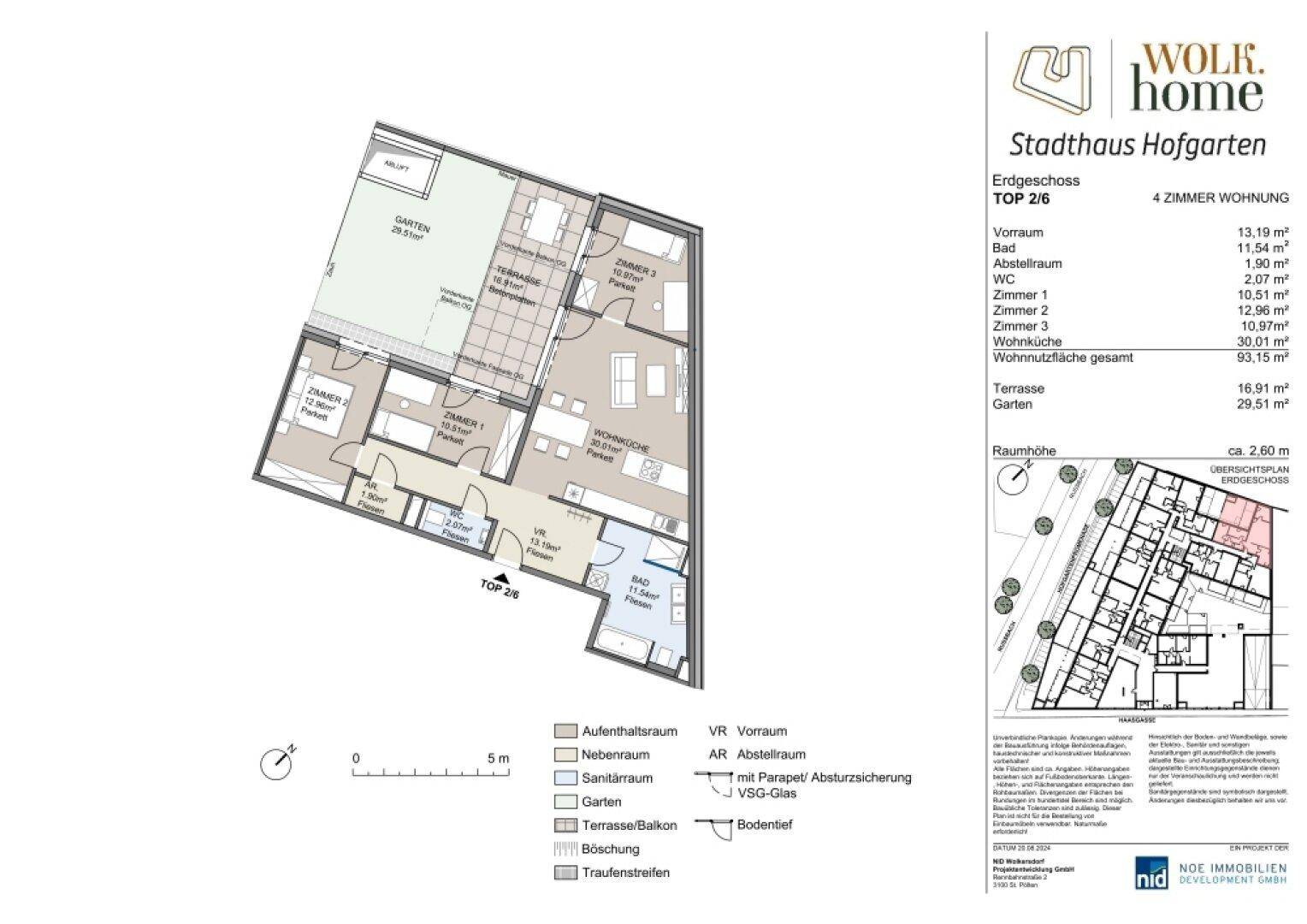 Grundriss einer 4-Zimmer-Wohnung im Erdgeschoss mit offener Wohnküche, Terrasse und privatem Garten.