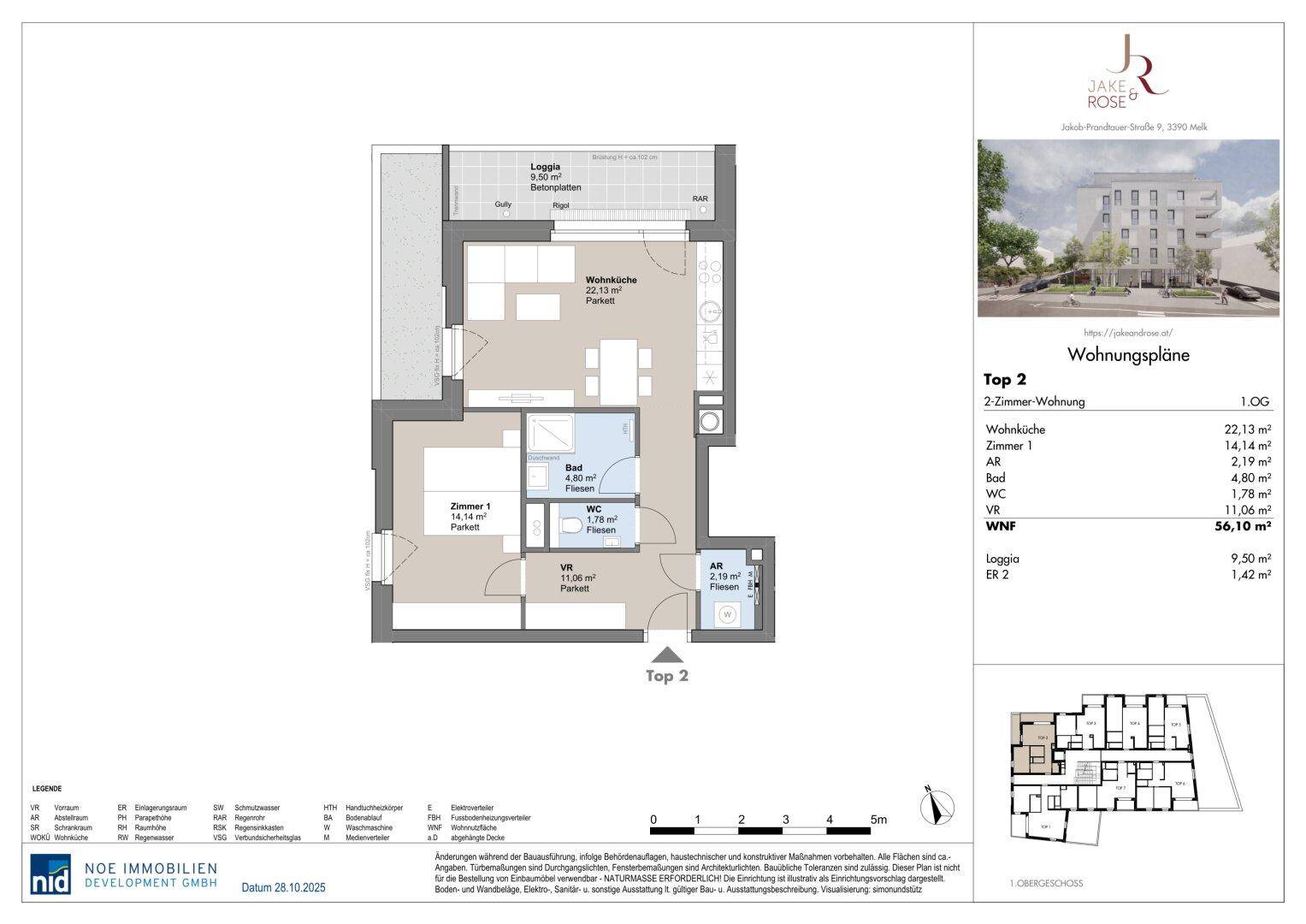Grundriss einer 2-Zimmer-Wohnung mit offener Wohnküche, einem Schlafzimmer, Bad, separatem WC und einer Loggia.