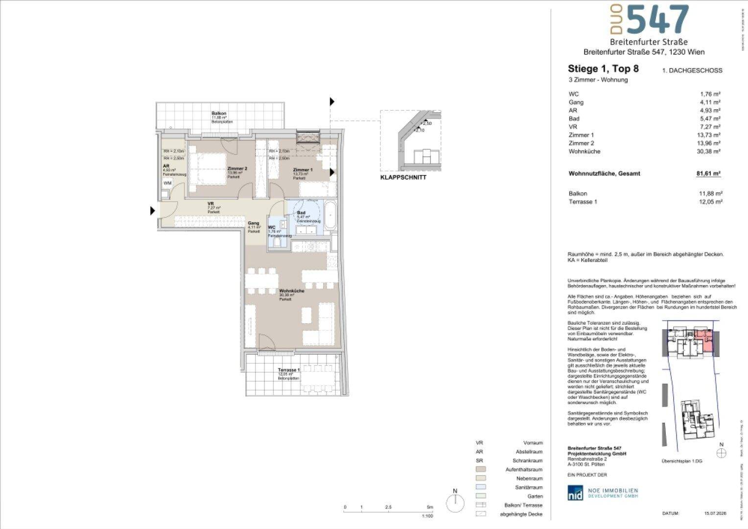 Grundriss einer 3-Zimmer-Wohnung im Dachgeschoss mit offener Wohnküche, Balkon und Terrasse.