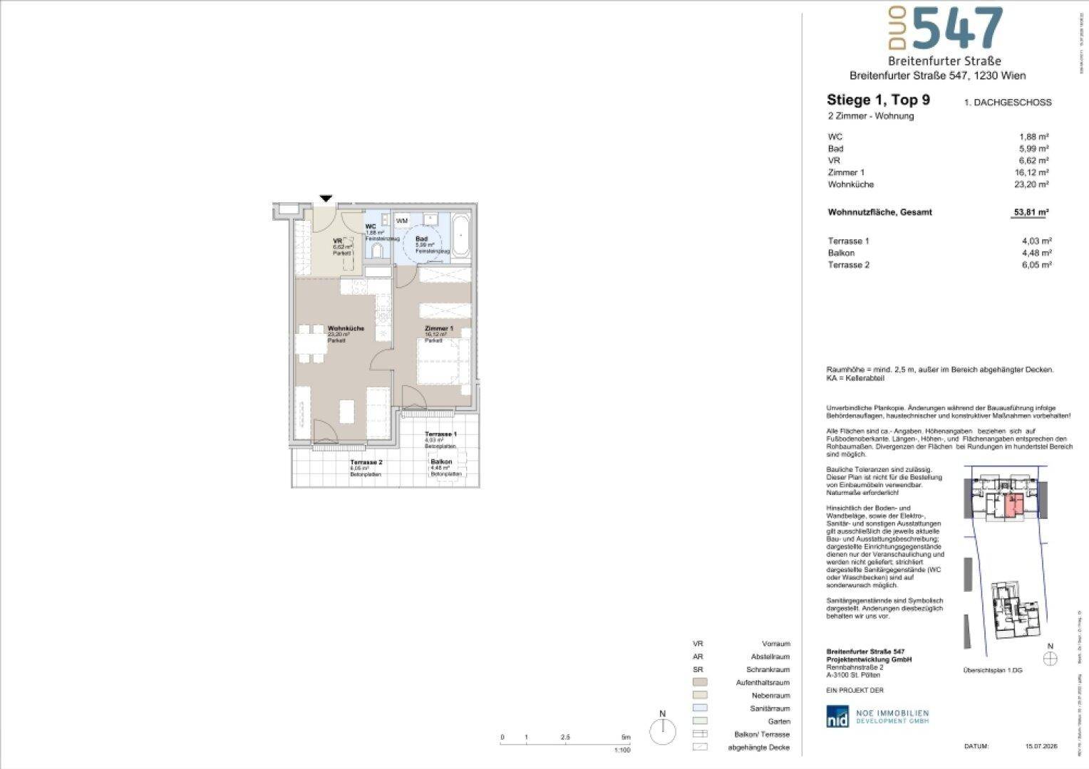 Grundriss einer 2-Zimmer-Wohnung mit Wohnküche, Bad, WC, Schlafzimmer und zwei Terrassen sowie einem Balkon.