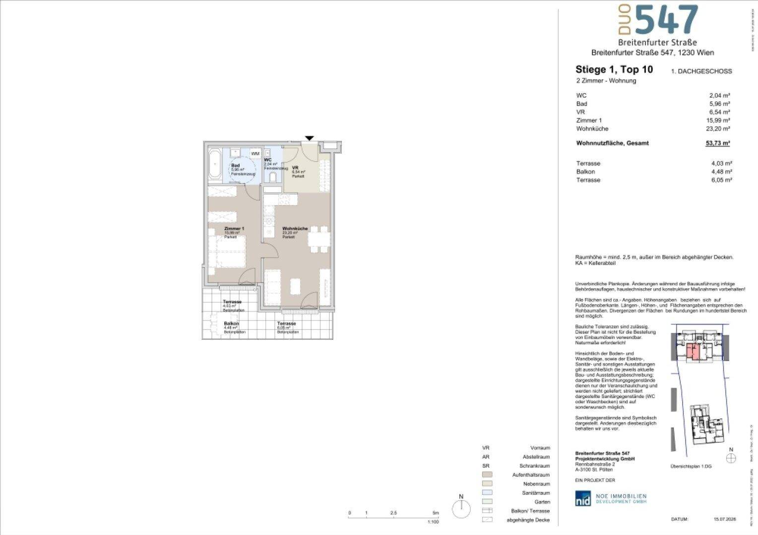 Grundriss einer 2-Zimmer-Wohnung mit offener Wohnküche, einem Schlafzimmer, Bad, separatem WC und mehreren Terrassen.