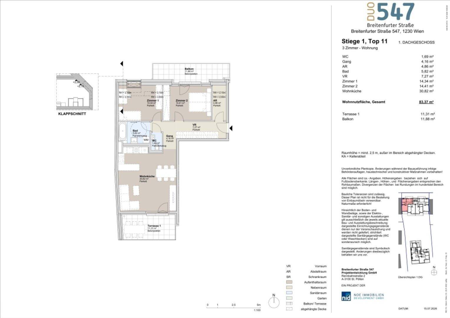 Detaillierter Grundriss einer 3-Zimmer-Wohnung im Dachgeschoss mit offener Wohnküche, Terrasse und Balkon.