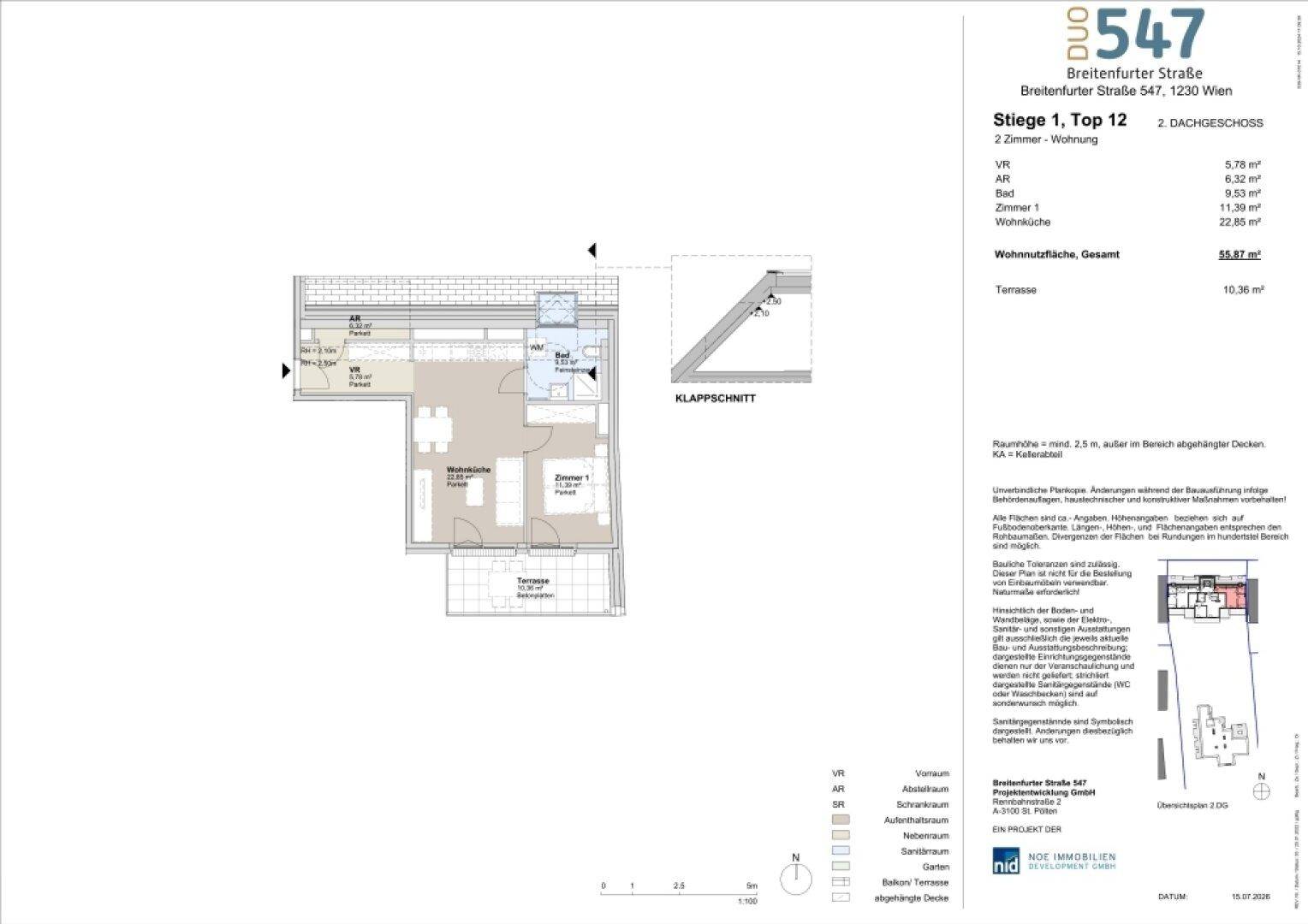 Grundriss einer 2-Zimmer-Wohnung im Dachgeschoss mit offener Wohnküche, einem Schlafzimmer und einer Terrasse.