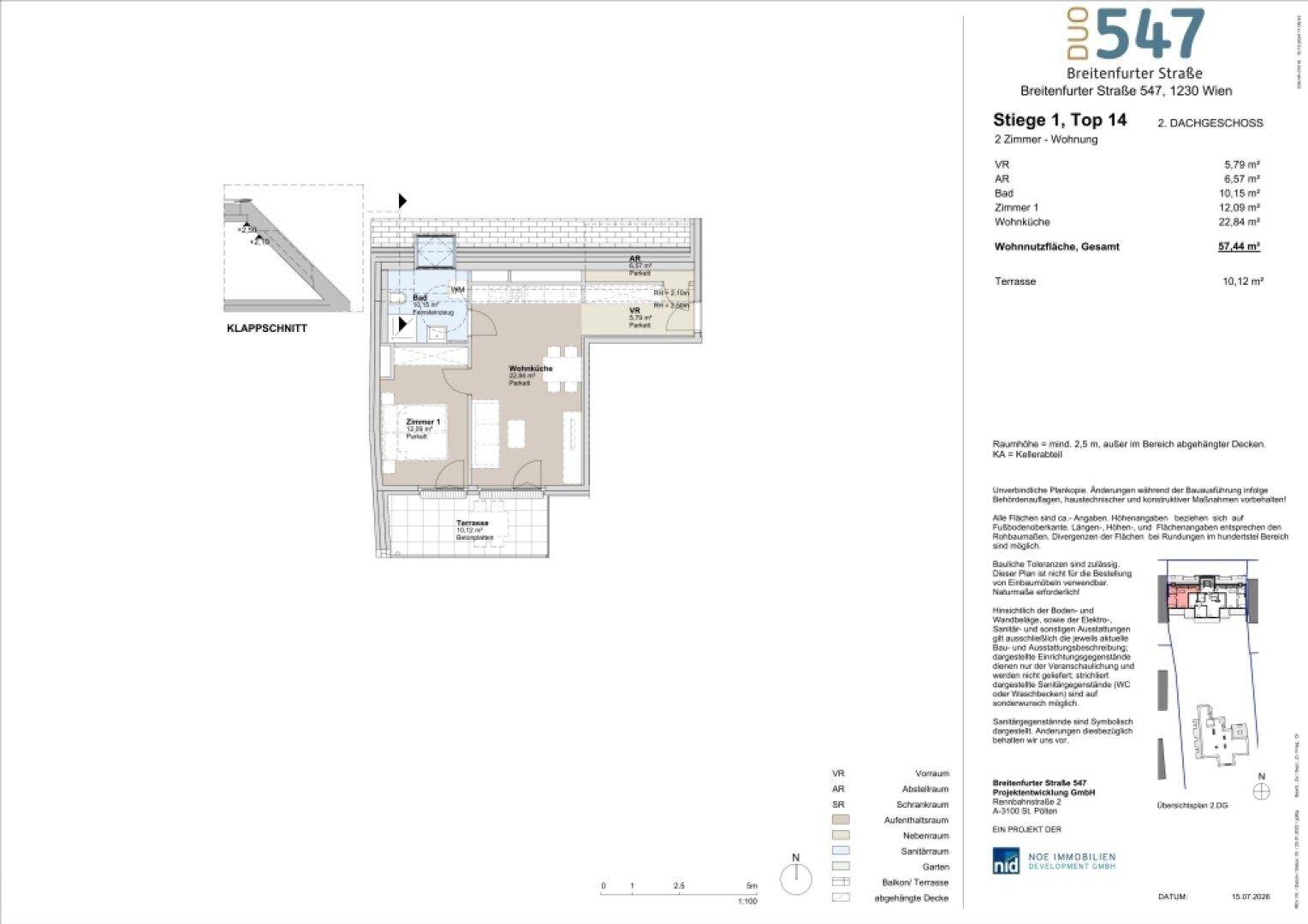 Grundriss einer 2-Zimmer-Wohnung im Dachgeschoss mit offener Wohnküche, einem Schlafzimmer und einer Terrasse.