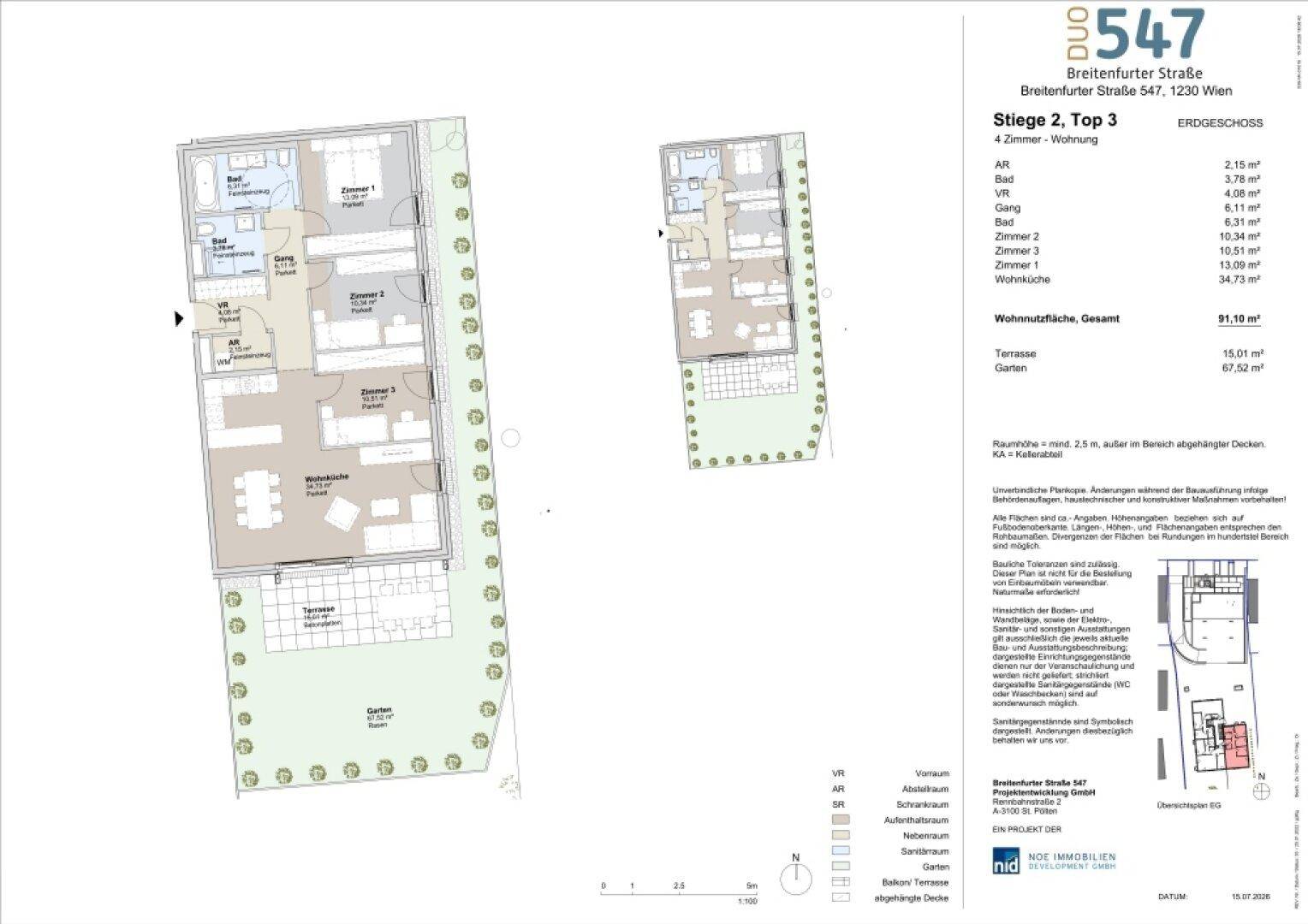 Grundriss einer modernen 4-Zimmer-Wohnung mit offener Wohnküche, zwei Bädern, separatem WC, großer Terrasse und privatem Garten.