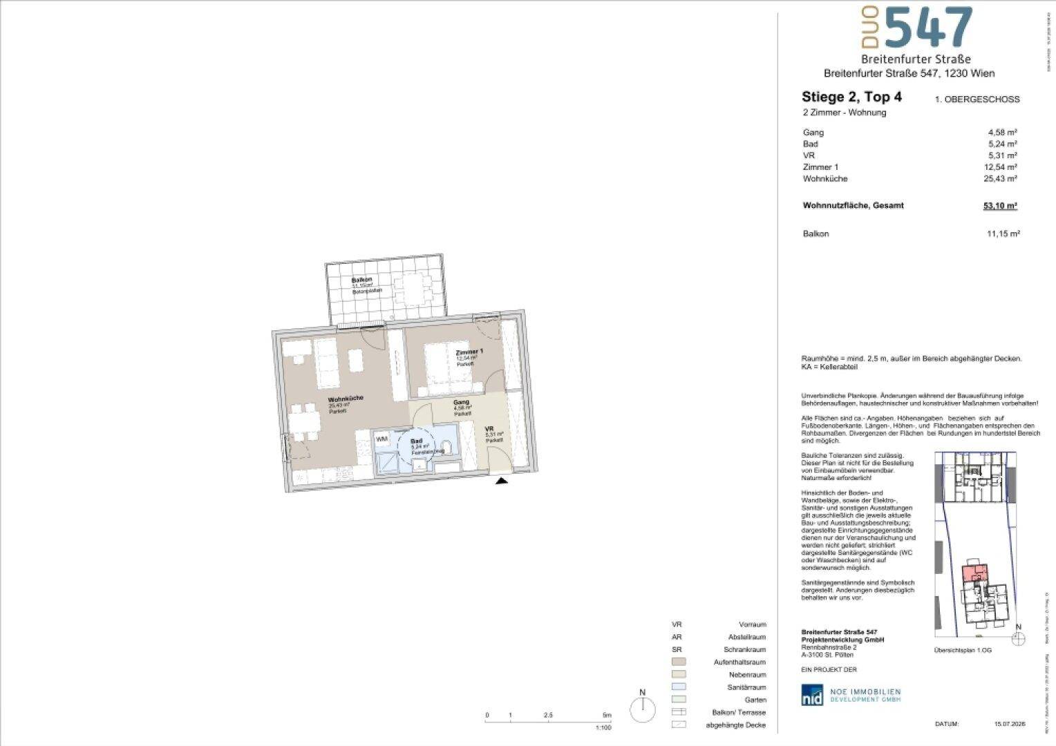 Grundriss einer 2-Zimmer-Wohnung im ersten Obergeschoss mit offener Wohnküche und Balkon.