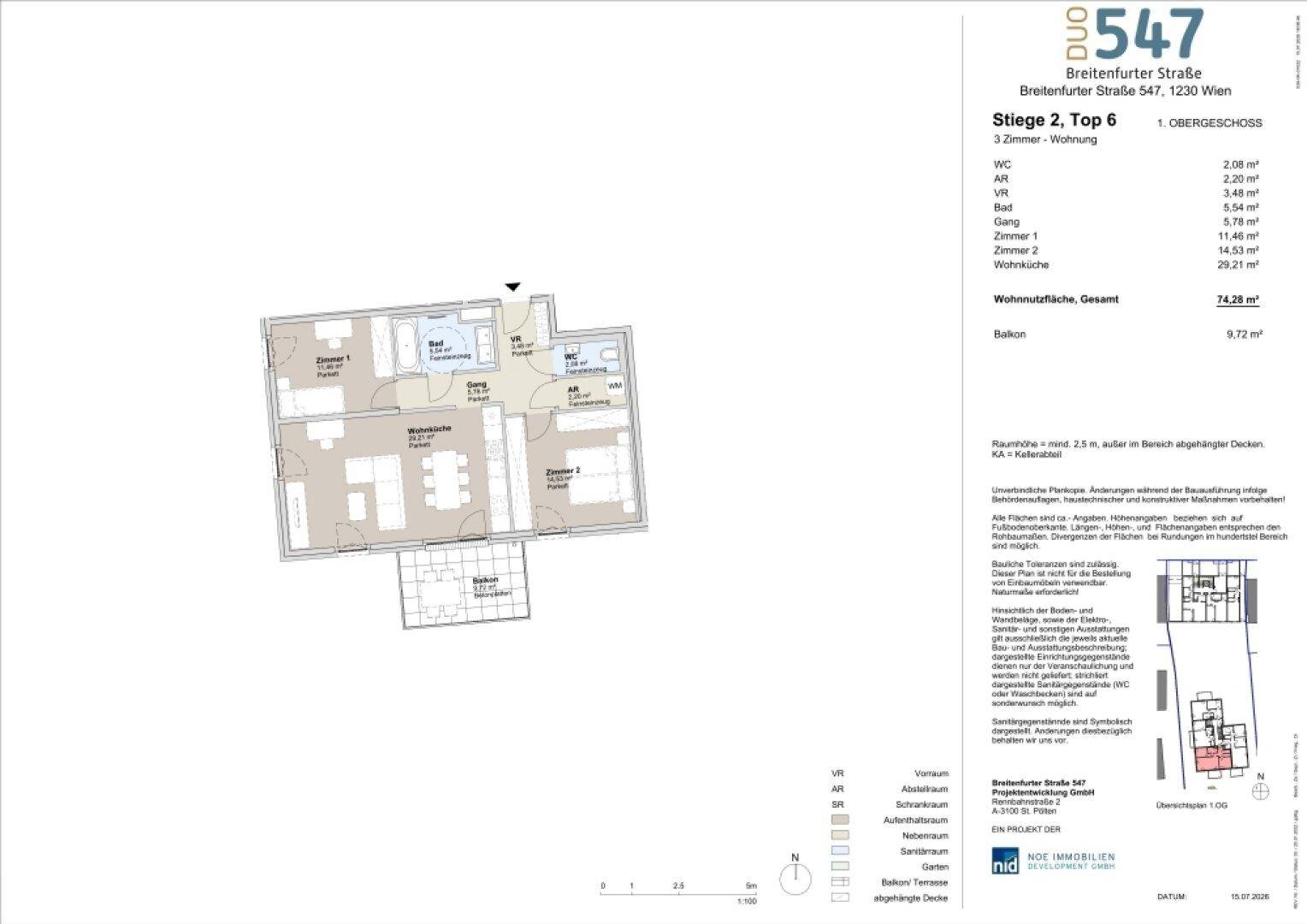 Grundriss einer 3-Zimmer-Wohnung mit offenem Wohnbereich, zwei Bädern und Balkon.