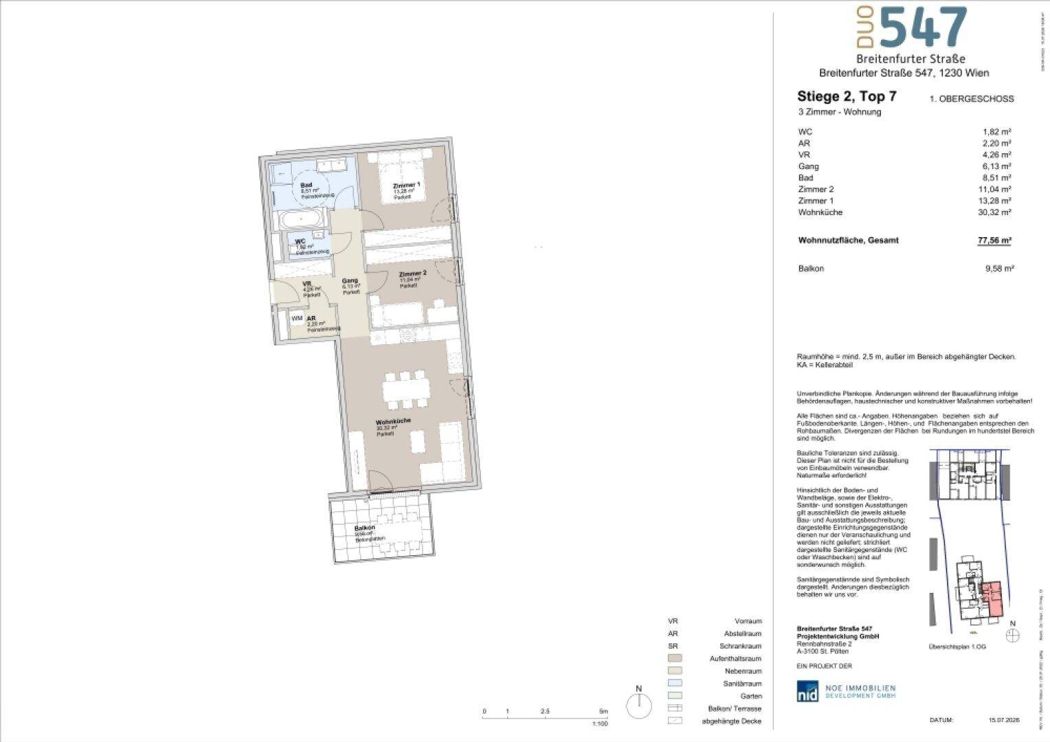 Grundriss einer modernen 3-Zimmer-Wohnung mit offener Wohnküche, zwei Schlafzimmern und Balkon.