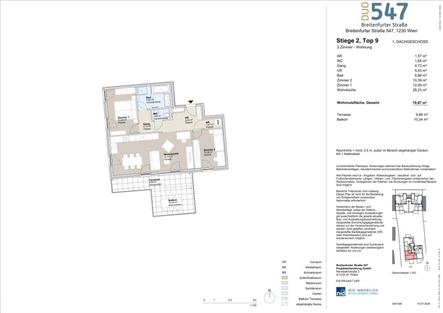 Grundriss einer 3-Zimmer-Wohnung mit offenem Wohnbereich, Terrasse und Balkon.