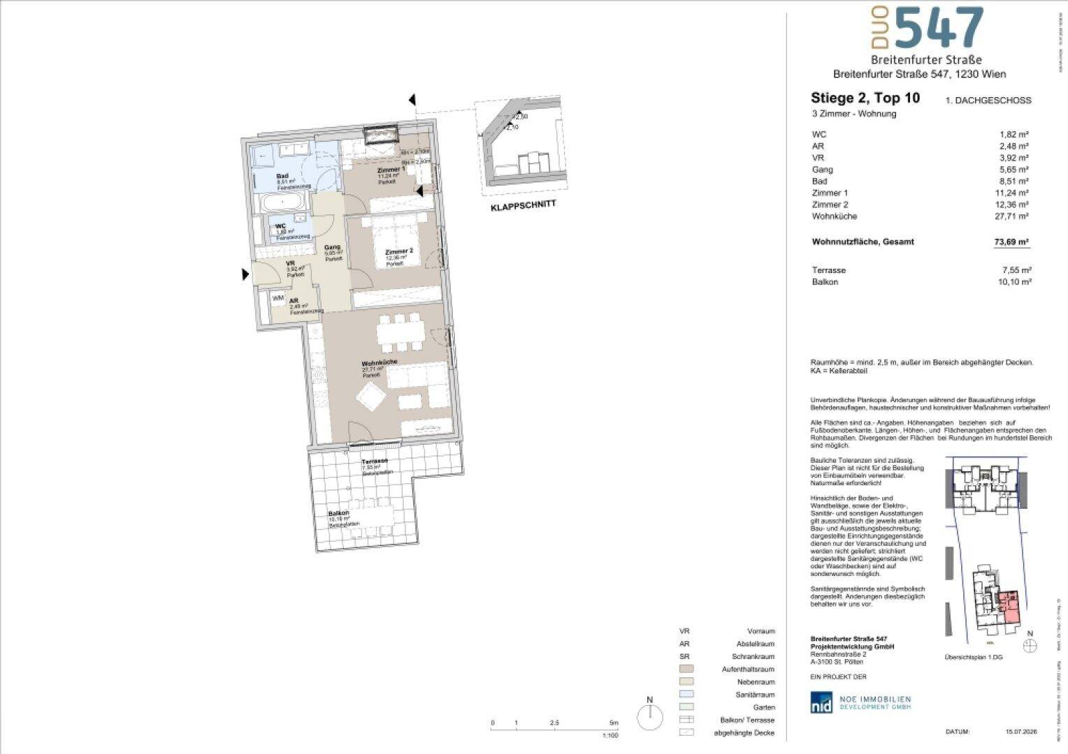 Detaillierter Grundriss einer Wohnung mit offener Raumaufteilung, Terrasse und Balkon.