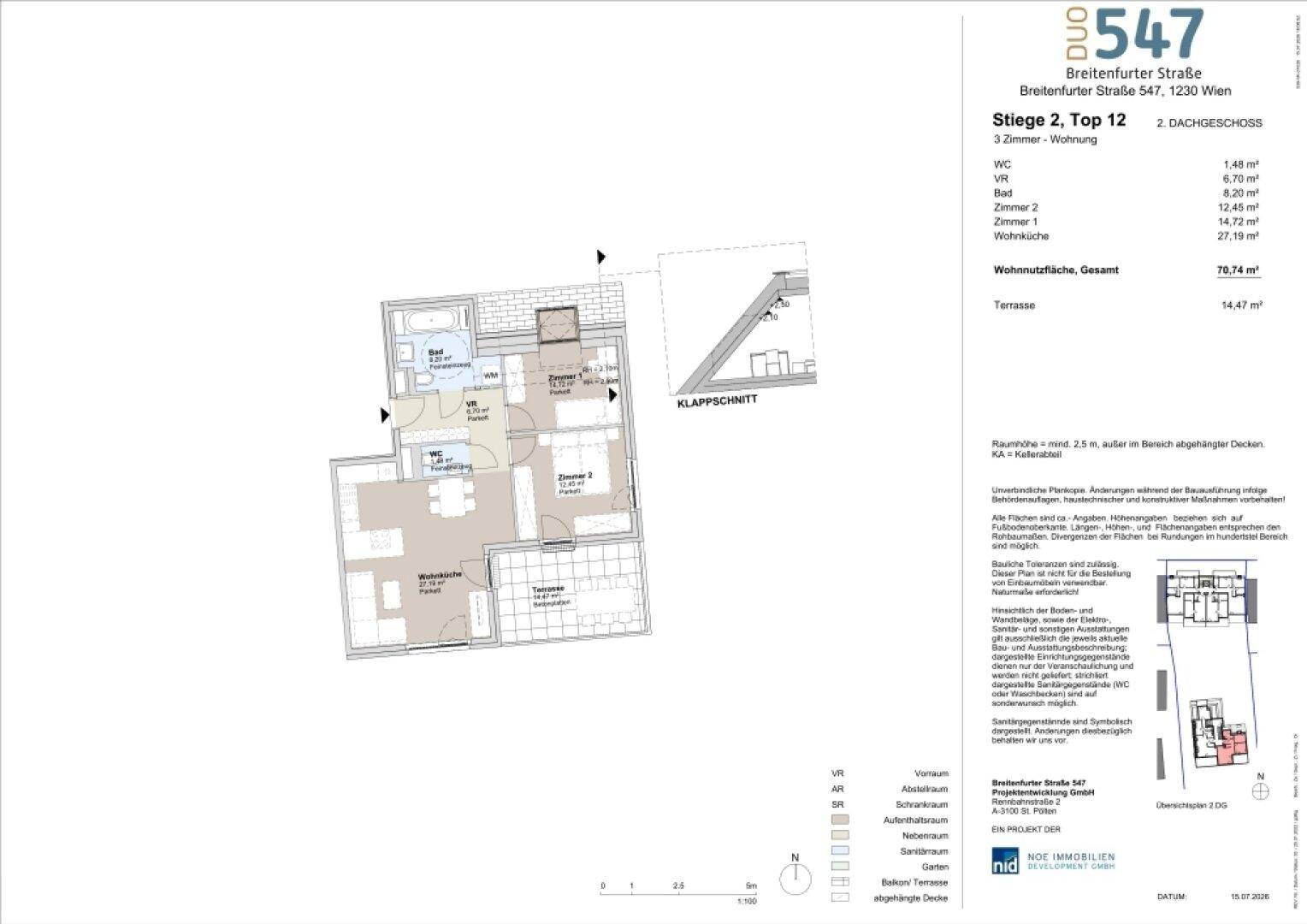 Grundriss einer 3-Zimmer-Wohnung mit Terrasse und offenem Wohnbereich.