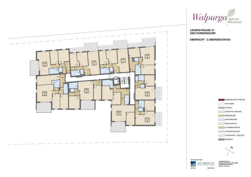 Übersichtsgrundriss des 2. Obergeschosses mit mehreren Wohneinheiten und Gemeinschaftsflächen.